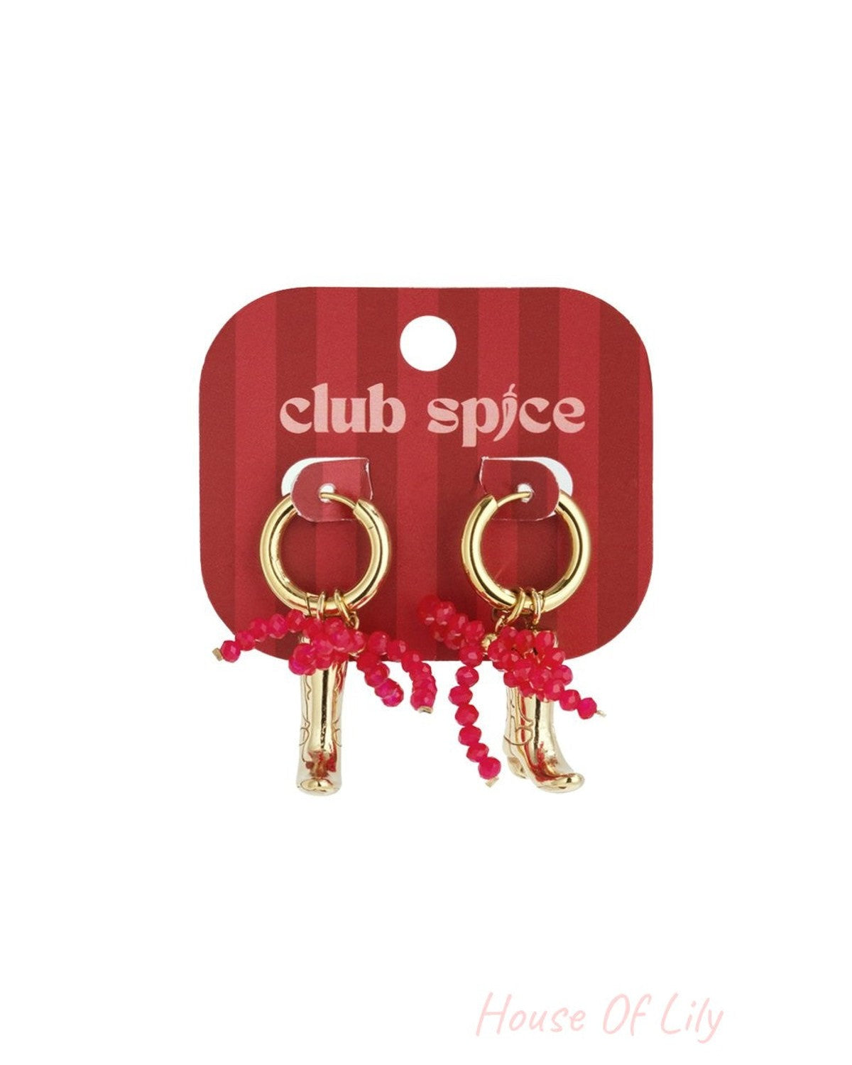 Gold hoop drop earrings featuring miniature gold western boots and vibrant red beaded accents on a branded card.