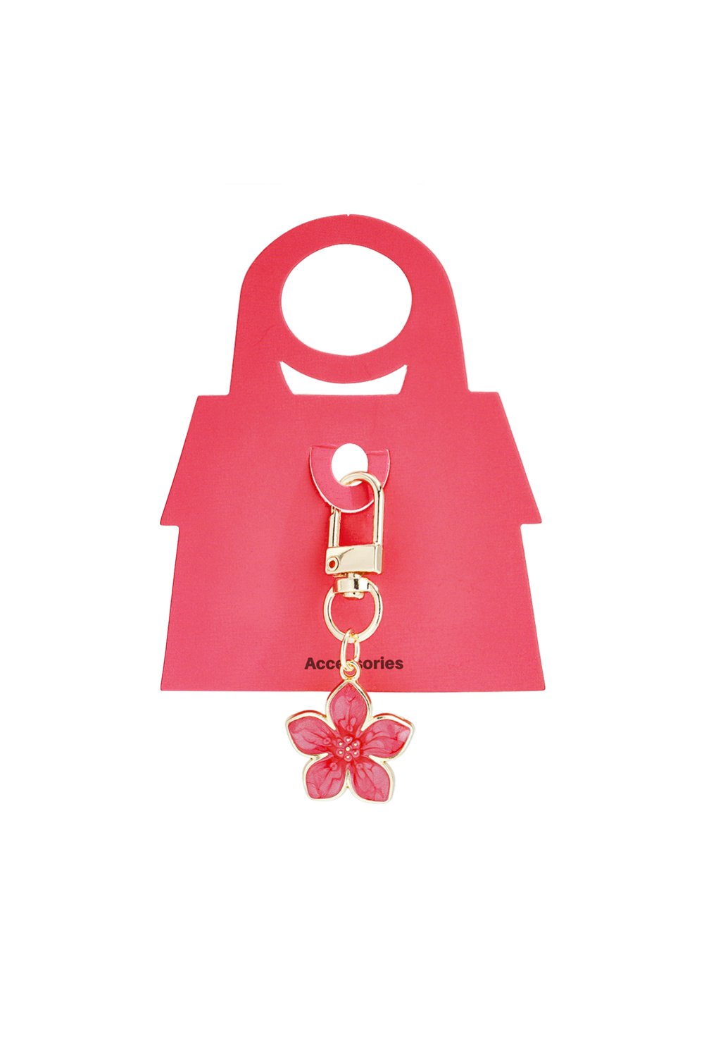 Blossom Floral Keyring with a gold-tone clasp and a vibrant pink, five-petal enamel flower charm on a display card.