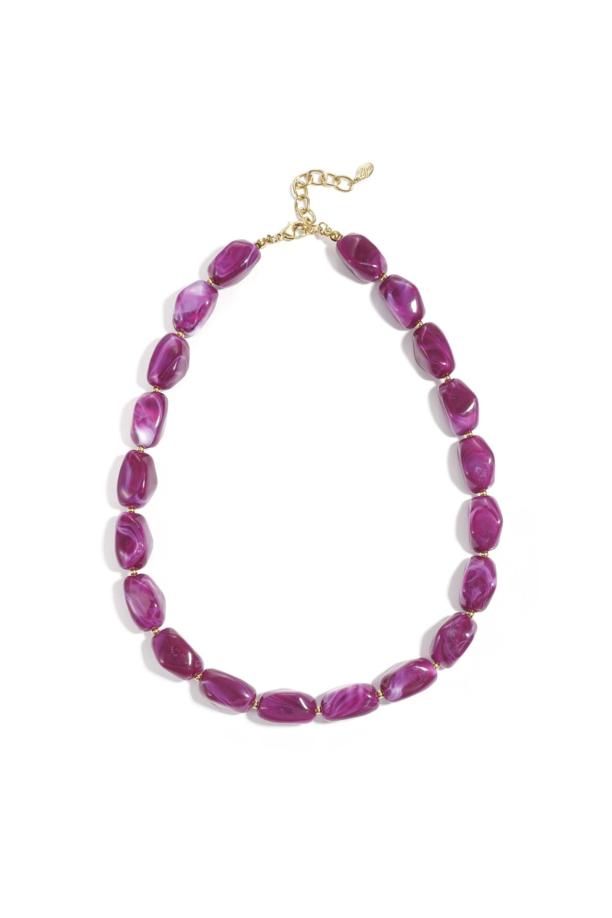 Amber chunky acrylic beaded necklace with marbled finish and gold chain extender on white background