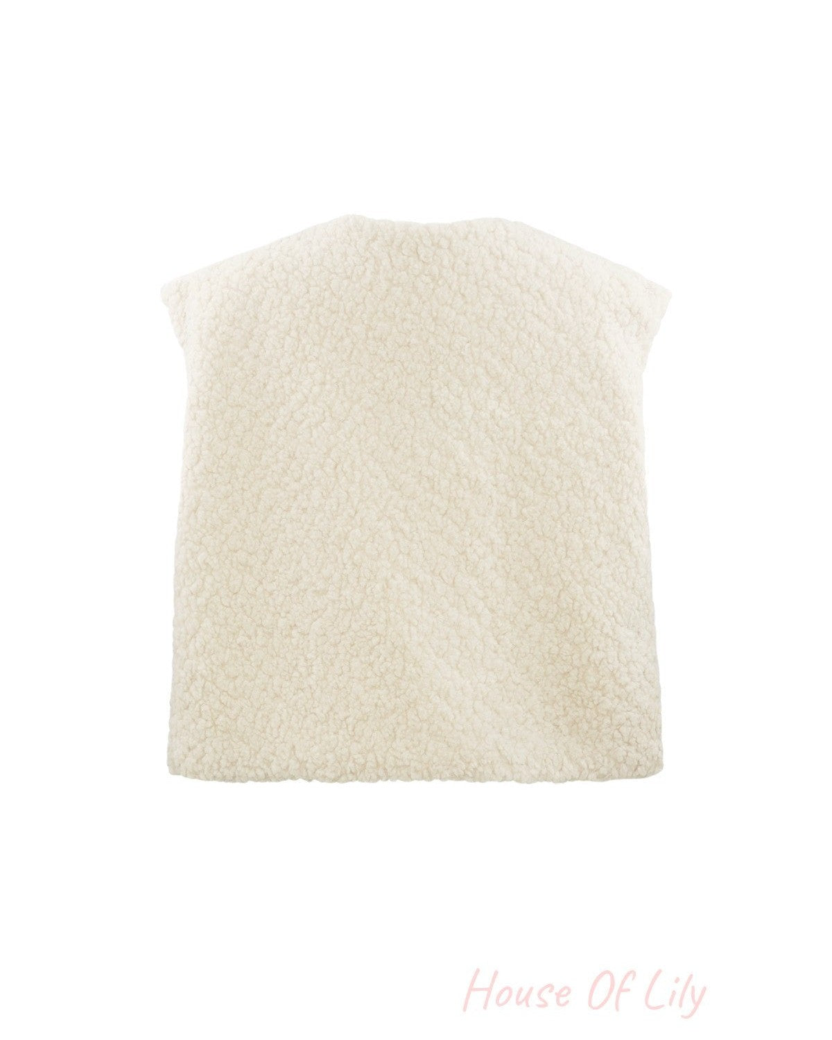 Front view of camel sherpa vest on white background highlighting smooth woven inner lining and plush exterior