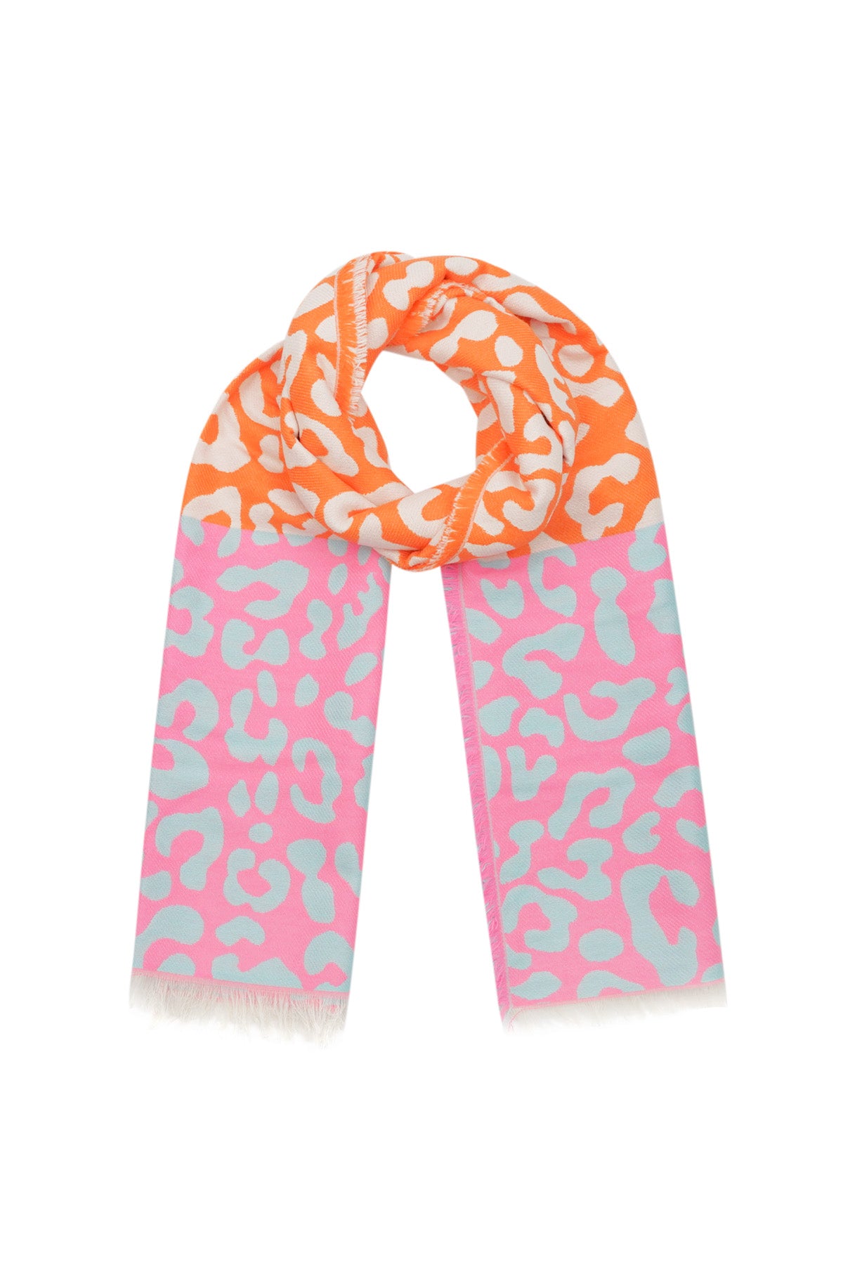 Orange, pink, and mint color block animal print scarf looped with fringed edges on a white background