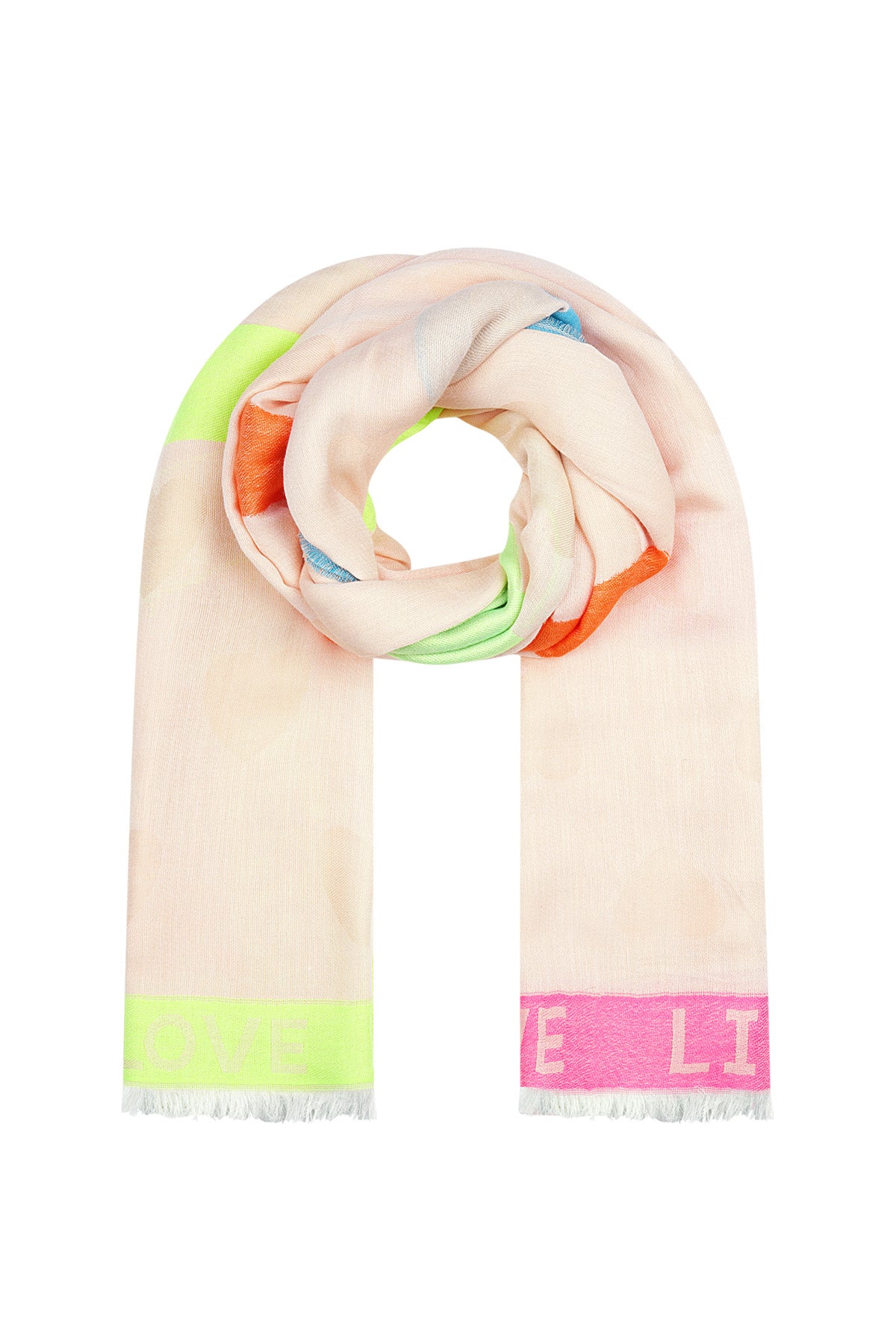 Pastel pink and orange multicolor scarf with LIFE LOVE embroidered text borders displayed on white backdrop