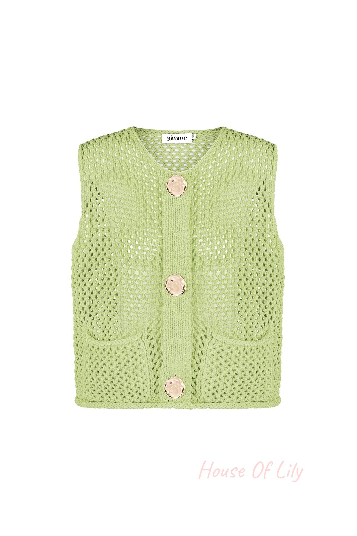 Bright orange chunky knit vest with front pockets and button closure displayed flat