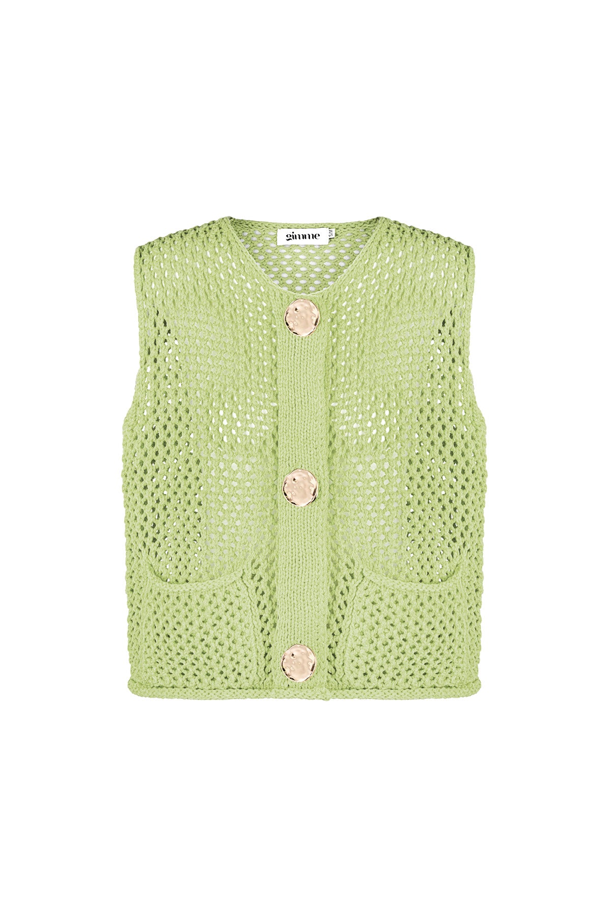 Bright orange chunky knit vest with front pockets and button closure displayed flat