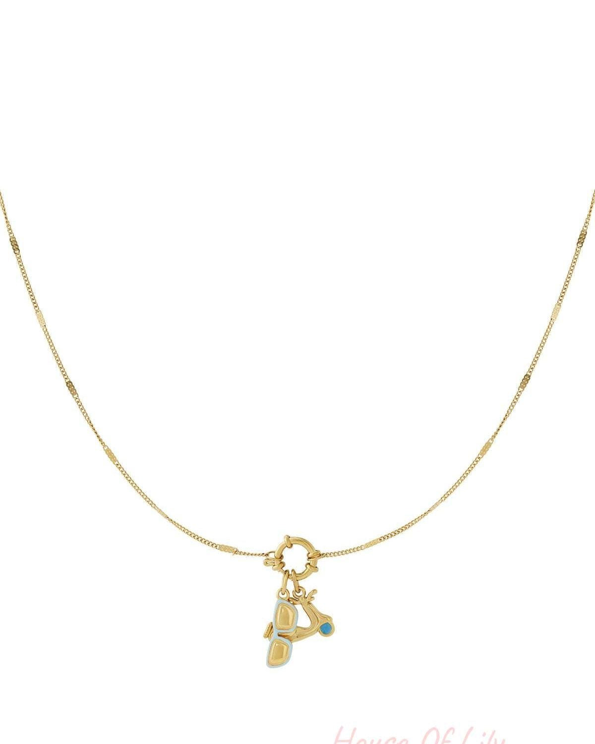 Delicate gold chain necklace with two summer charms attached: a scooter and sunglasses with blue enamel accents
