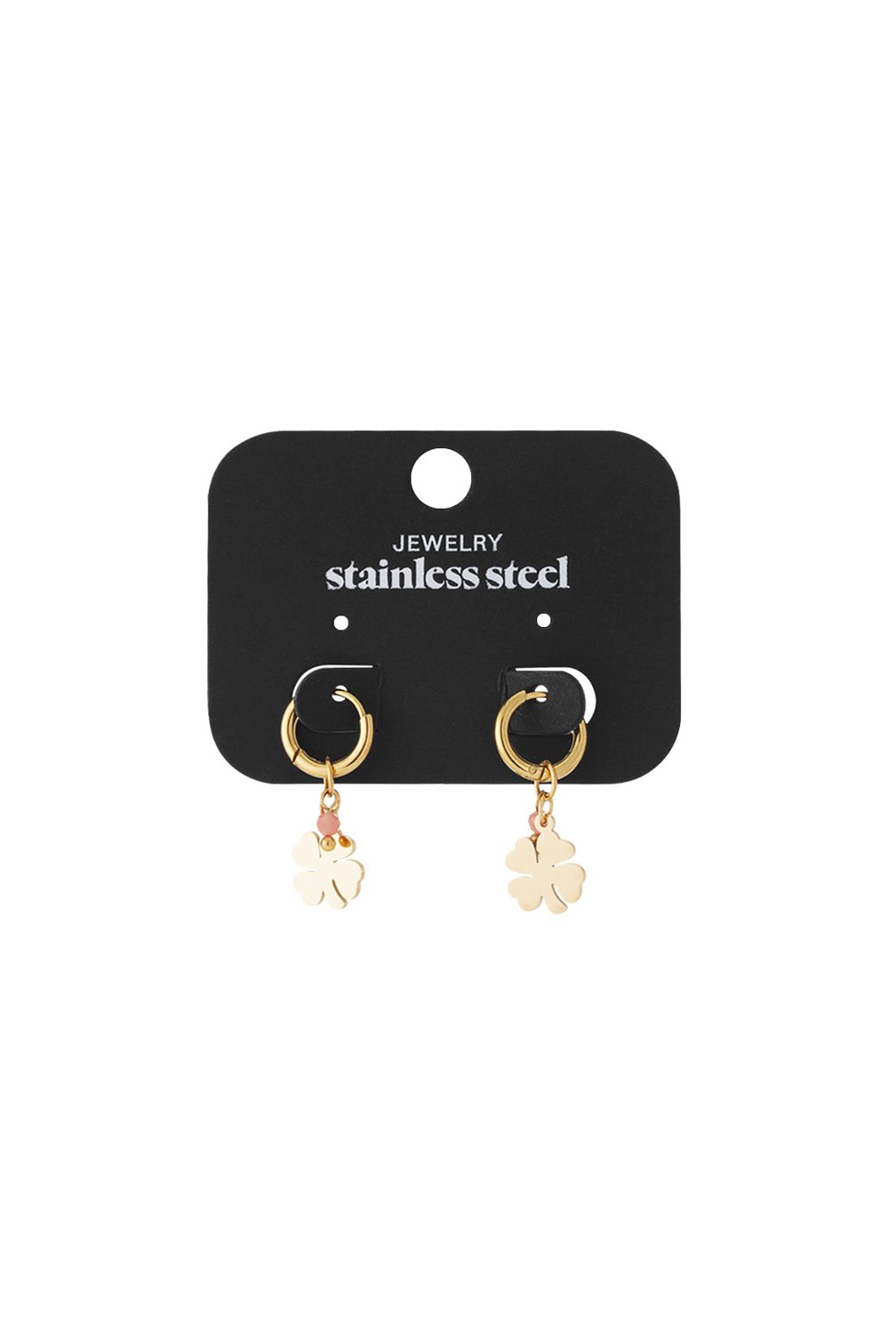 Gold stainless steel hoop earrings with small pink beads and four-leaf clover charms on a black display card.