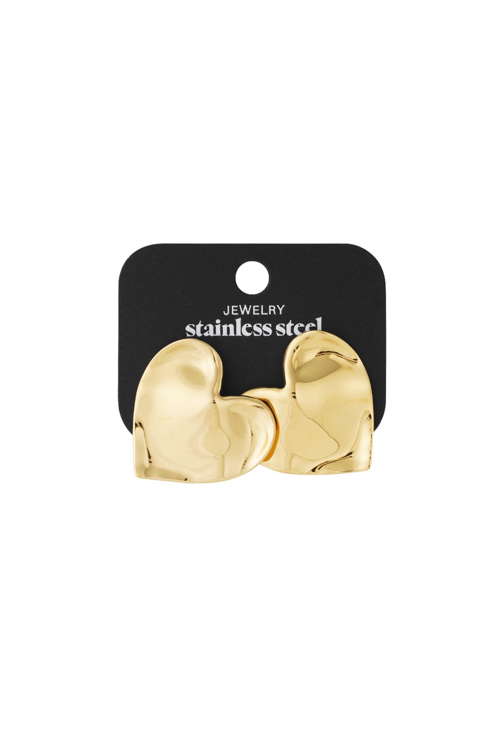 Mega Crush gold stainless steel heart stud earrings with a glossy, puffed, organic shape on a black display card.