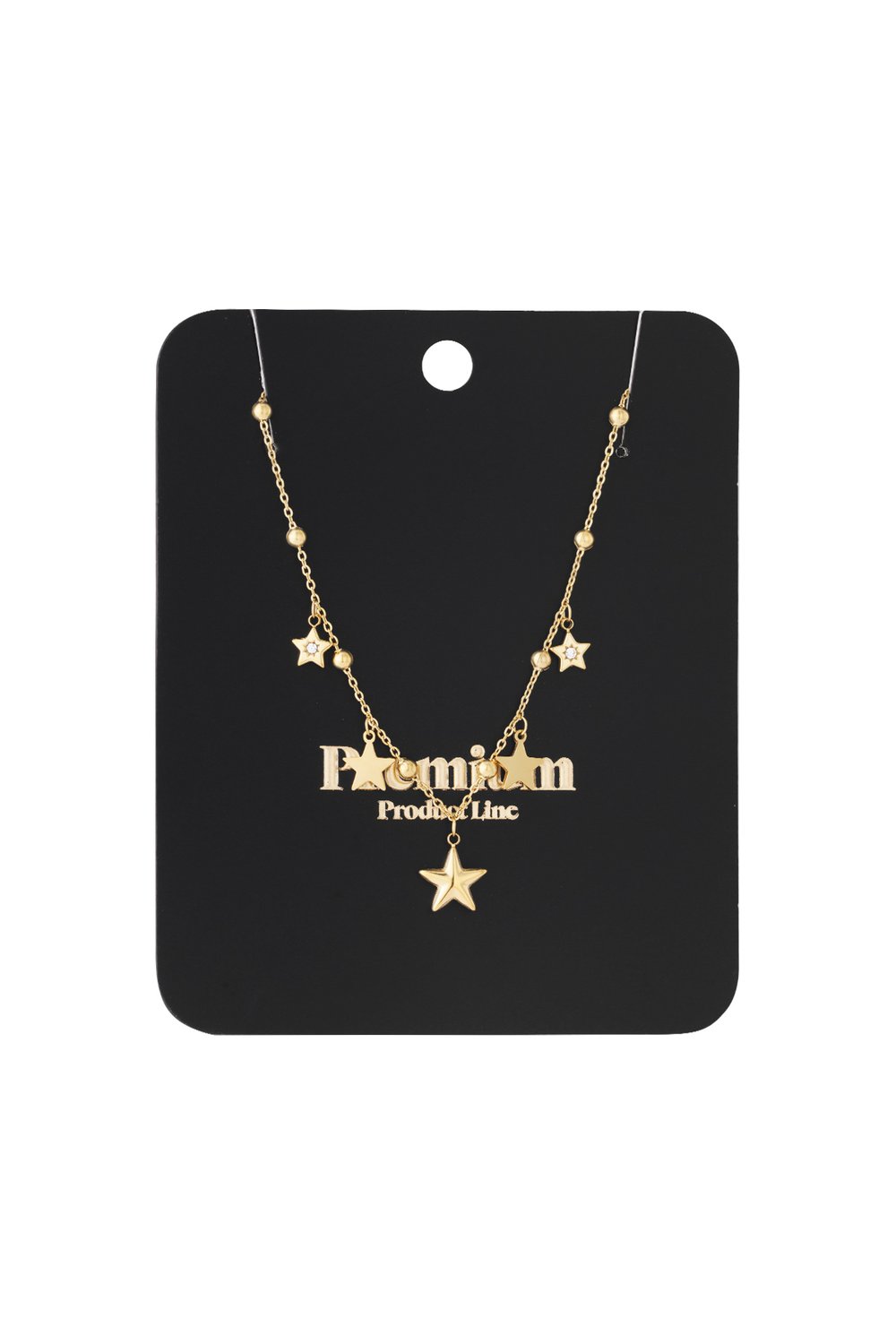 Main Character Star gold-tone chain necklace with small beaded accents and dangling star charms on a black display card.