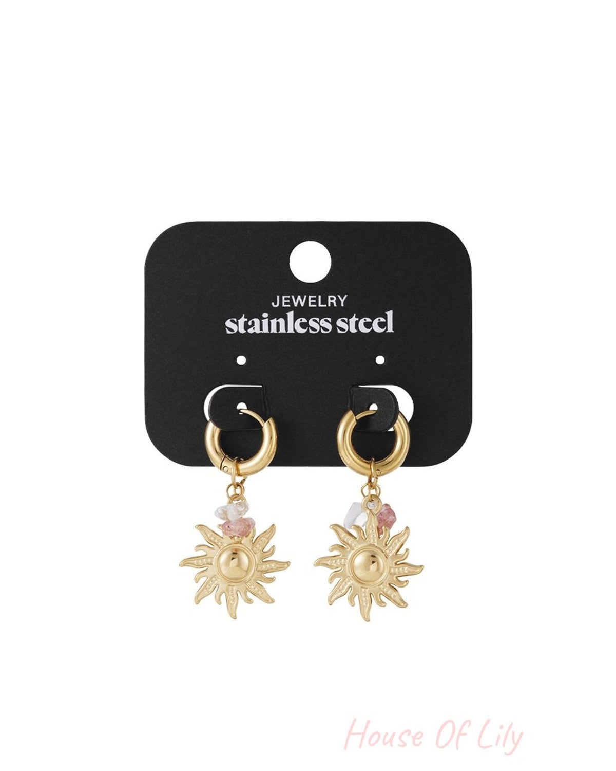 Polished Sun Drops: Gold stainless steel hoop earrings with sun charms and small pink-and-white stone bead accents.