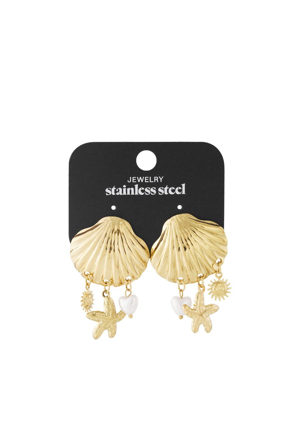Coastal Shell Drops: Gold-tone scallop shell earrings featuring dangling mini starfish, sun, and white heart charms.