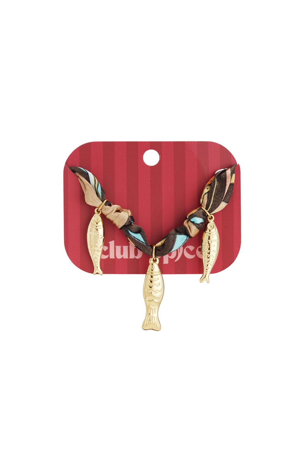 Silk bangle featuring three gold fish charms on a brown, blue, and beige patterned fabric strap.