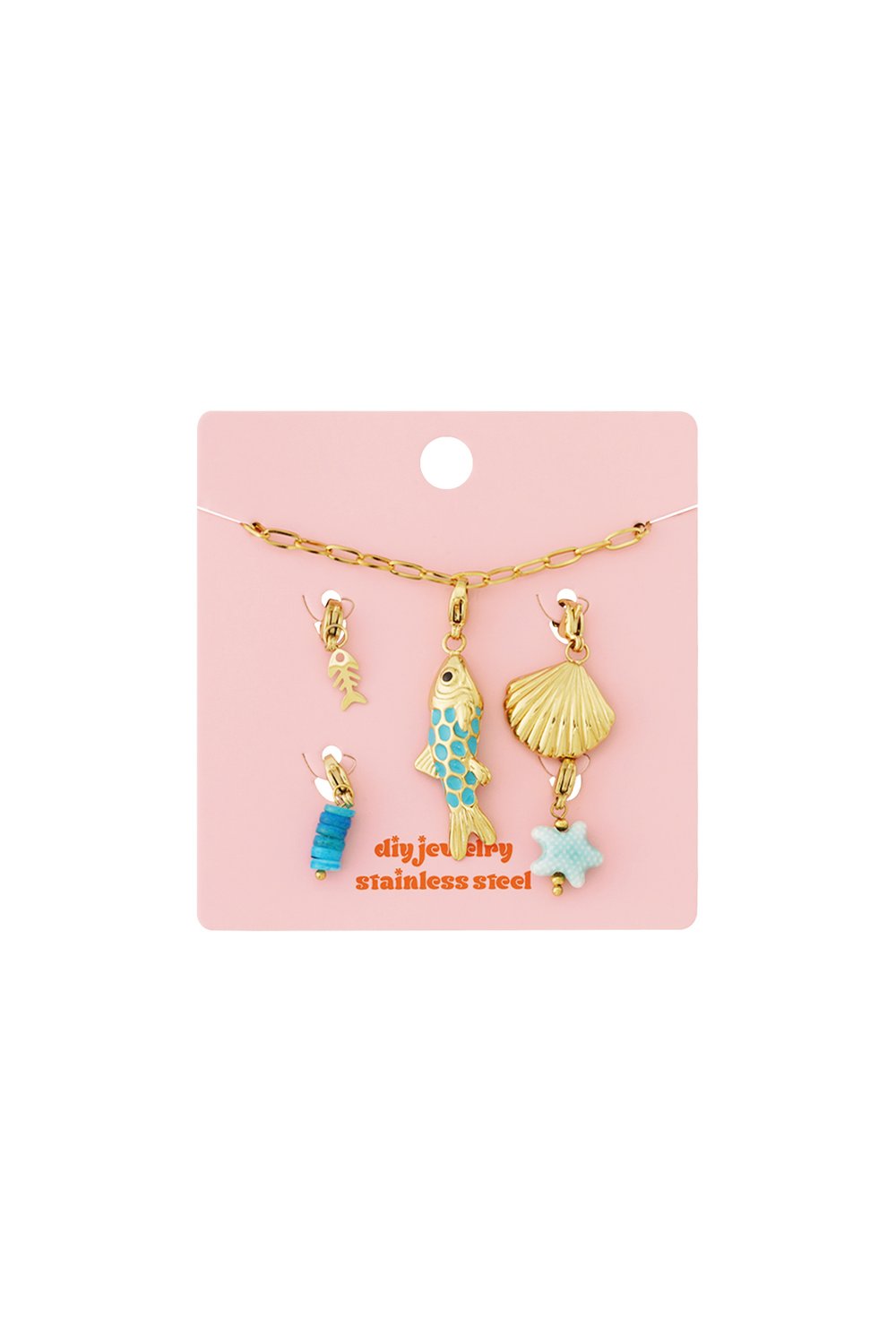 Set of gold-tone ocean-themed stainless steel charms featuring a fish, seashell, starfish, and blue bead accents.