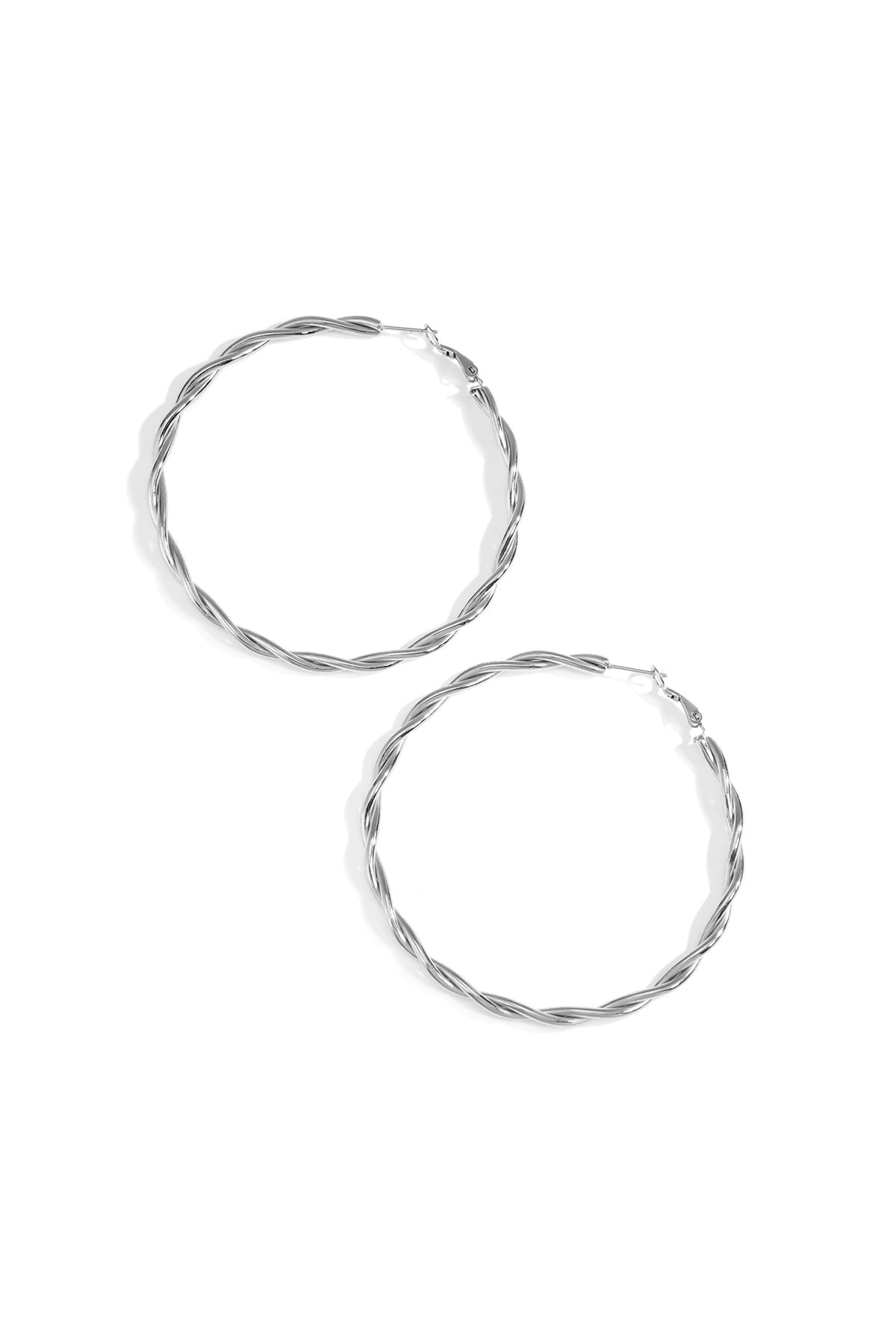 A pair of silver-toned hoop earrings featuring a polished, twisted rope-style design on a clean white background.