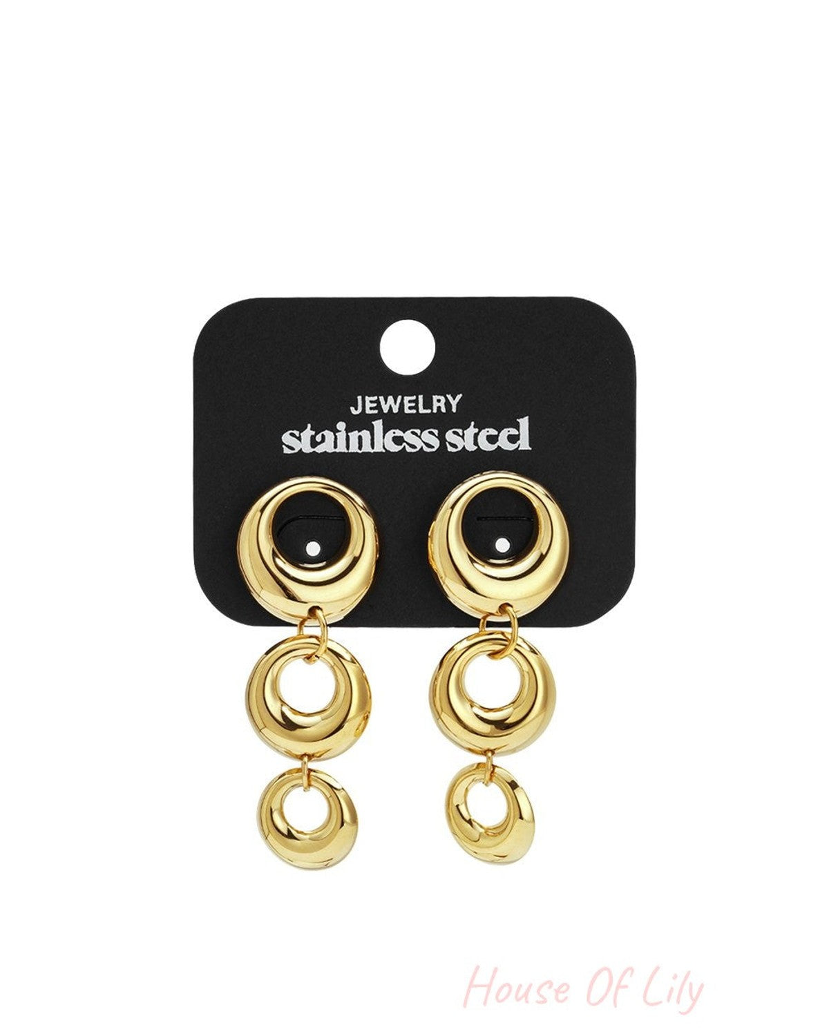 Main Character Hoops: Gold-toned stainless steel drop earrings featuring three graduated, polished circular links.