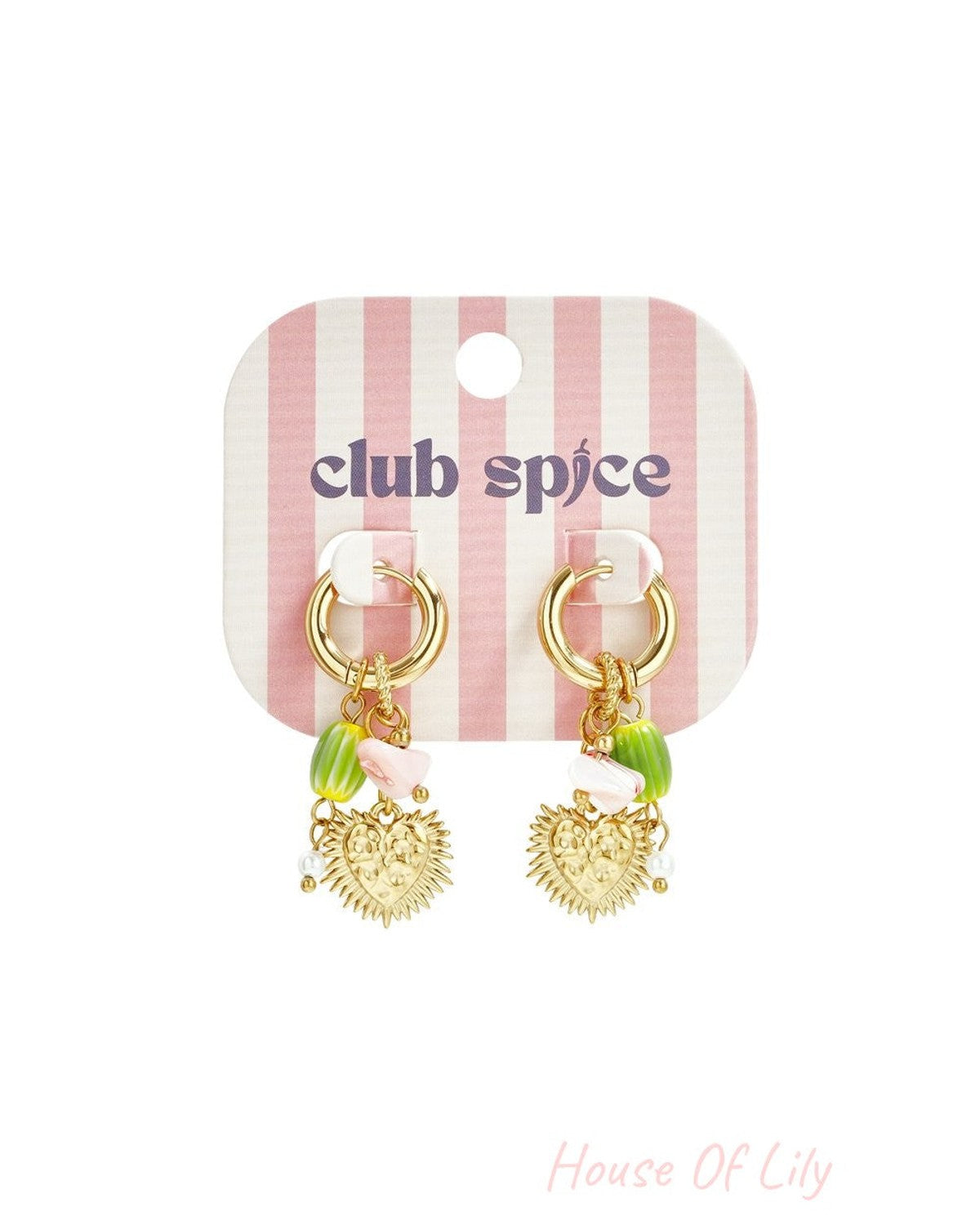 Gold hoop earrings with charms including a textured heart, small white pearl, and green and pink beads on pink stripe card.