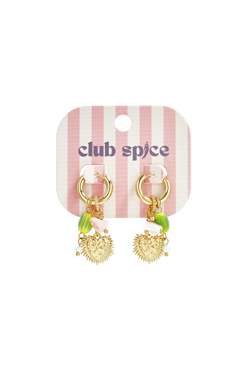 Gold hoop earrings with charms including a textured heart, small white pearl, and green and pink beads on pink stripe card.