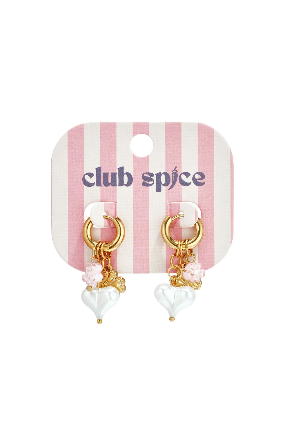 Gold hoop dangle earrings featuring white heart charms and small pink floral accents on a pink striped display card.