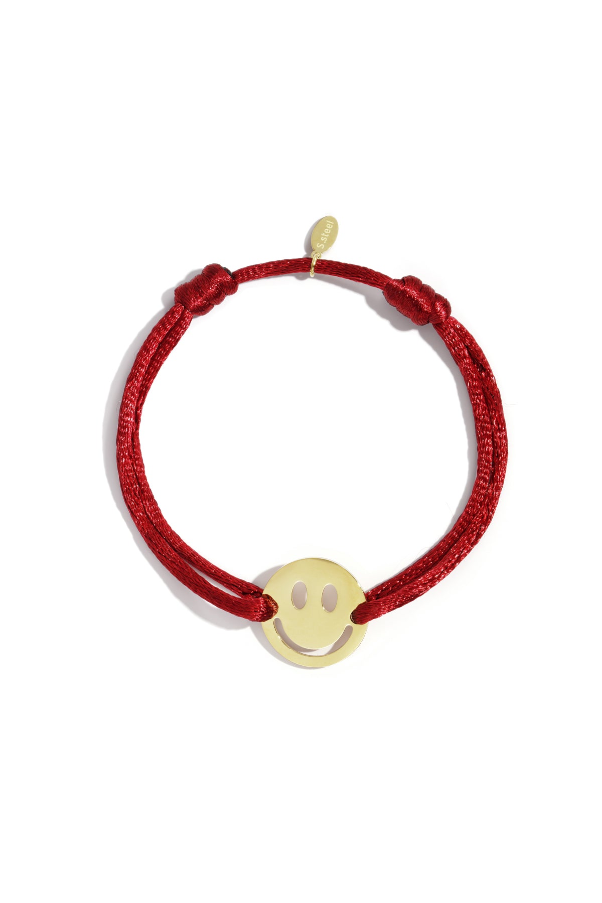 Cheerful Smiley Face bracelet: gold-tone smiley face charm on a vibrant red cord with adjustable sliding knots.