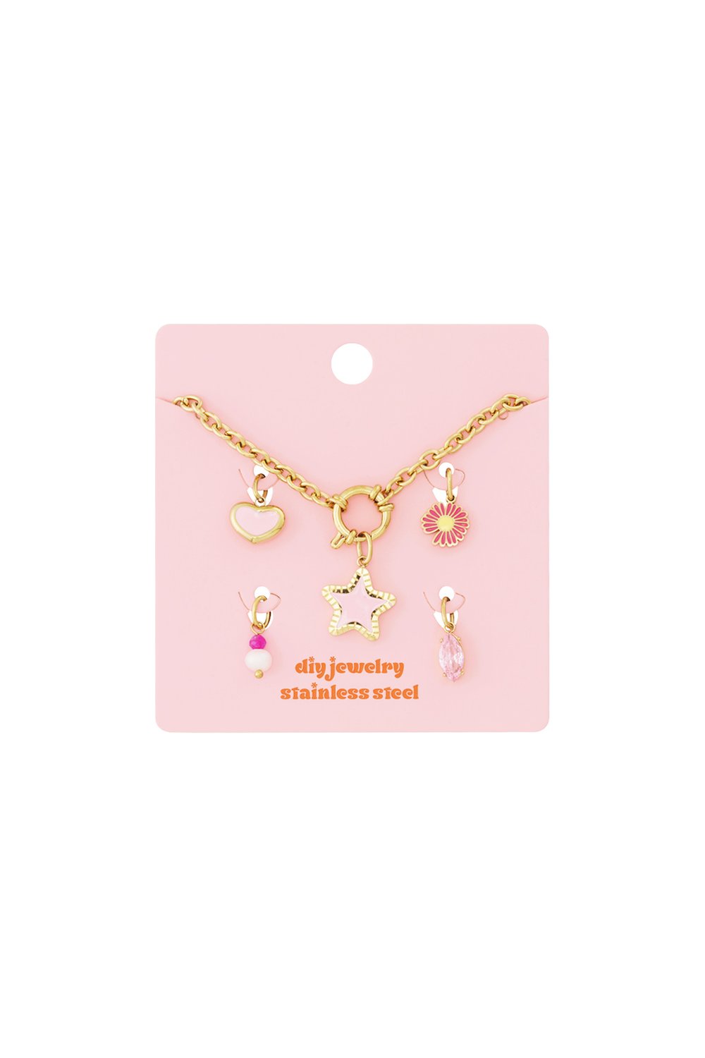 Whimsical gold stainless steel link bracelet on pink card, featuring star, heart, flower, and crystal charms.