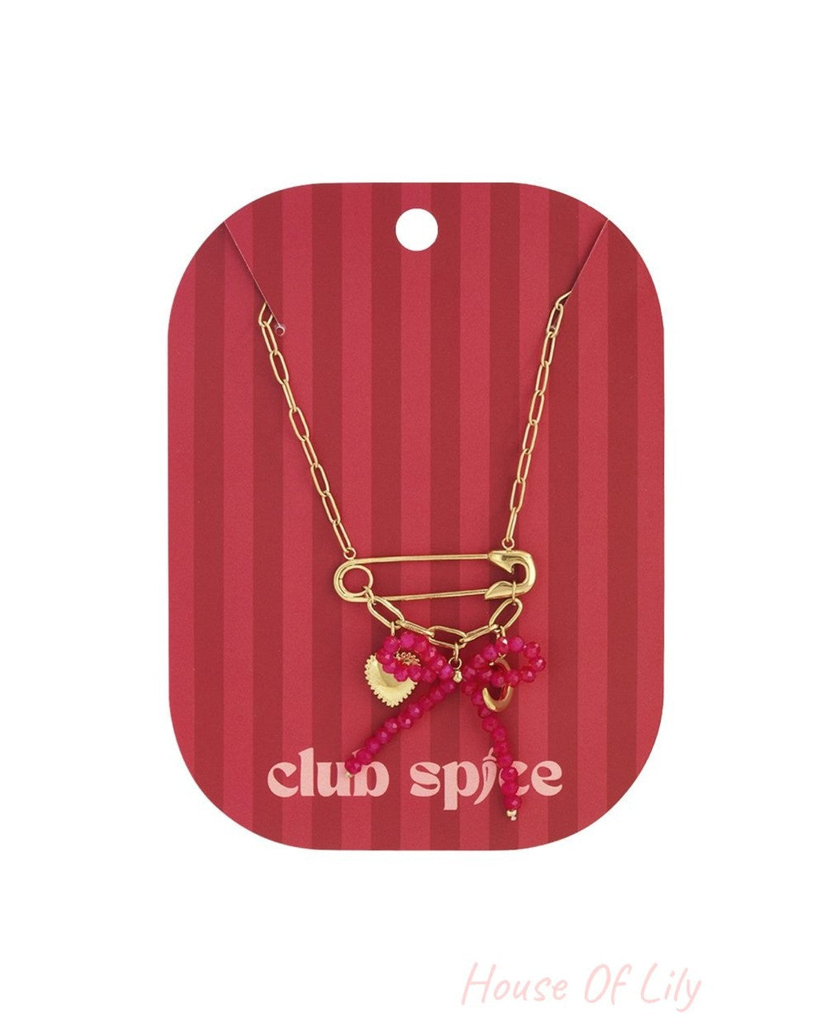 Gold chain necklace featuring a safety pin pendant with a pink beaded bow, heart charm, and gold letter 'C' charm.