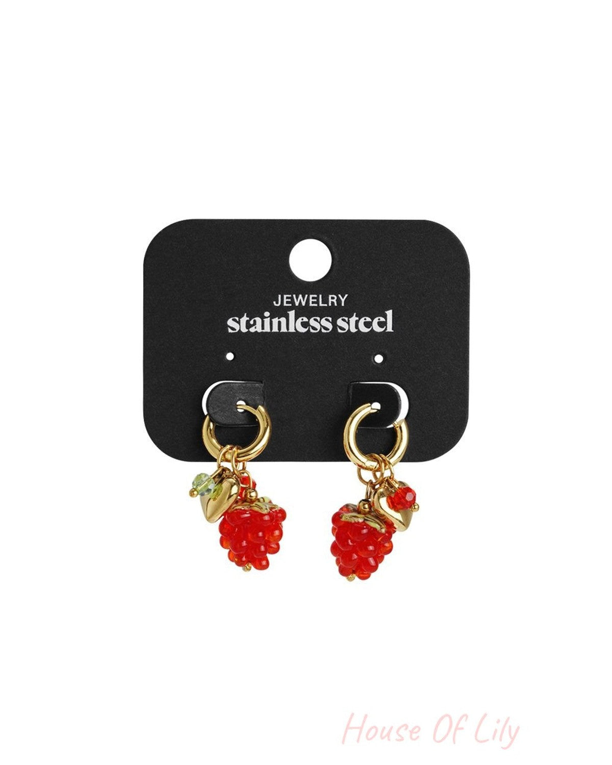 Gold stainless steel hoop earrings with dangling red raspberry fruit charms and small gold heart accents.