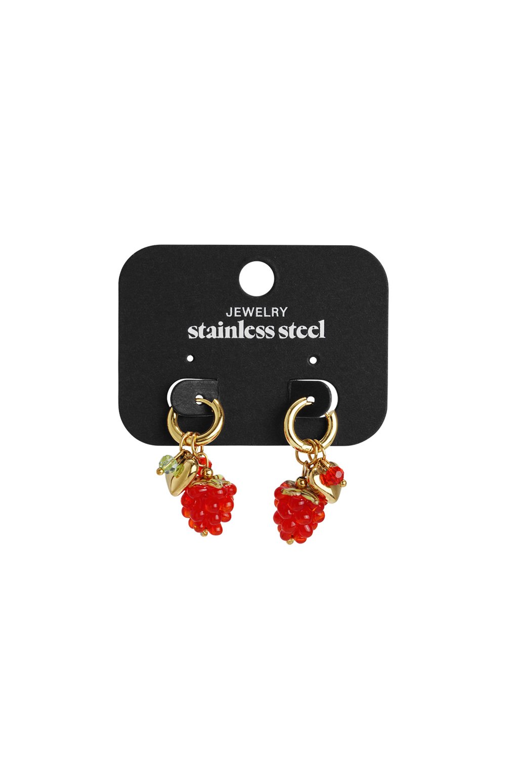 Gold stainless steel hoop earrings with dangling red raspberry fruit charms and small gold heart accents.
