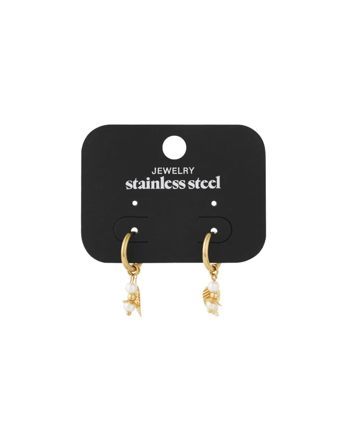 Gold stainless steel hoop earrings with hanging fruit charms featuring white pearls.