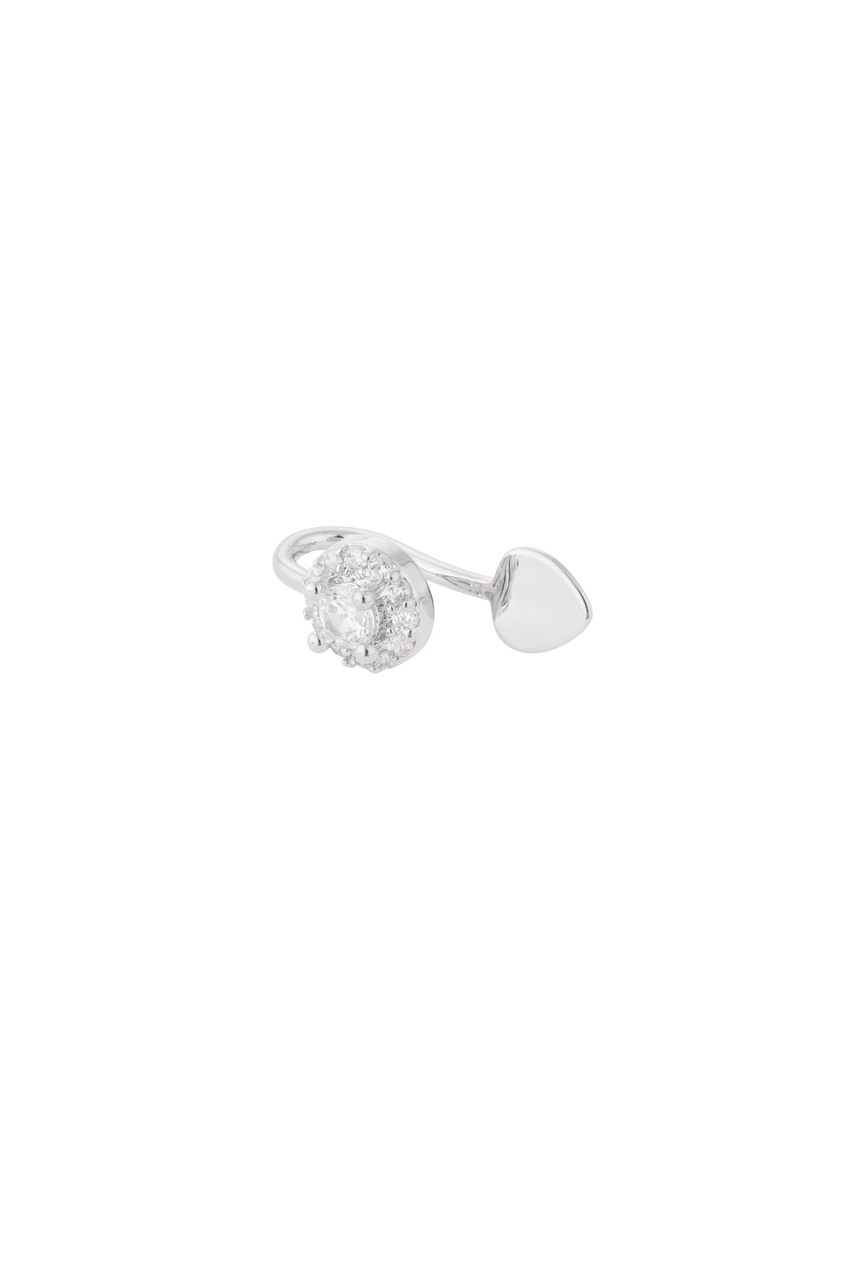 Silver ear and nose cuff featuring a heart and cubic zirconia-studded circle on a white background