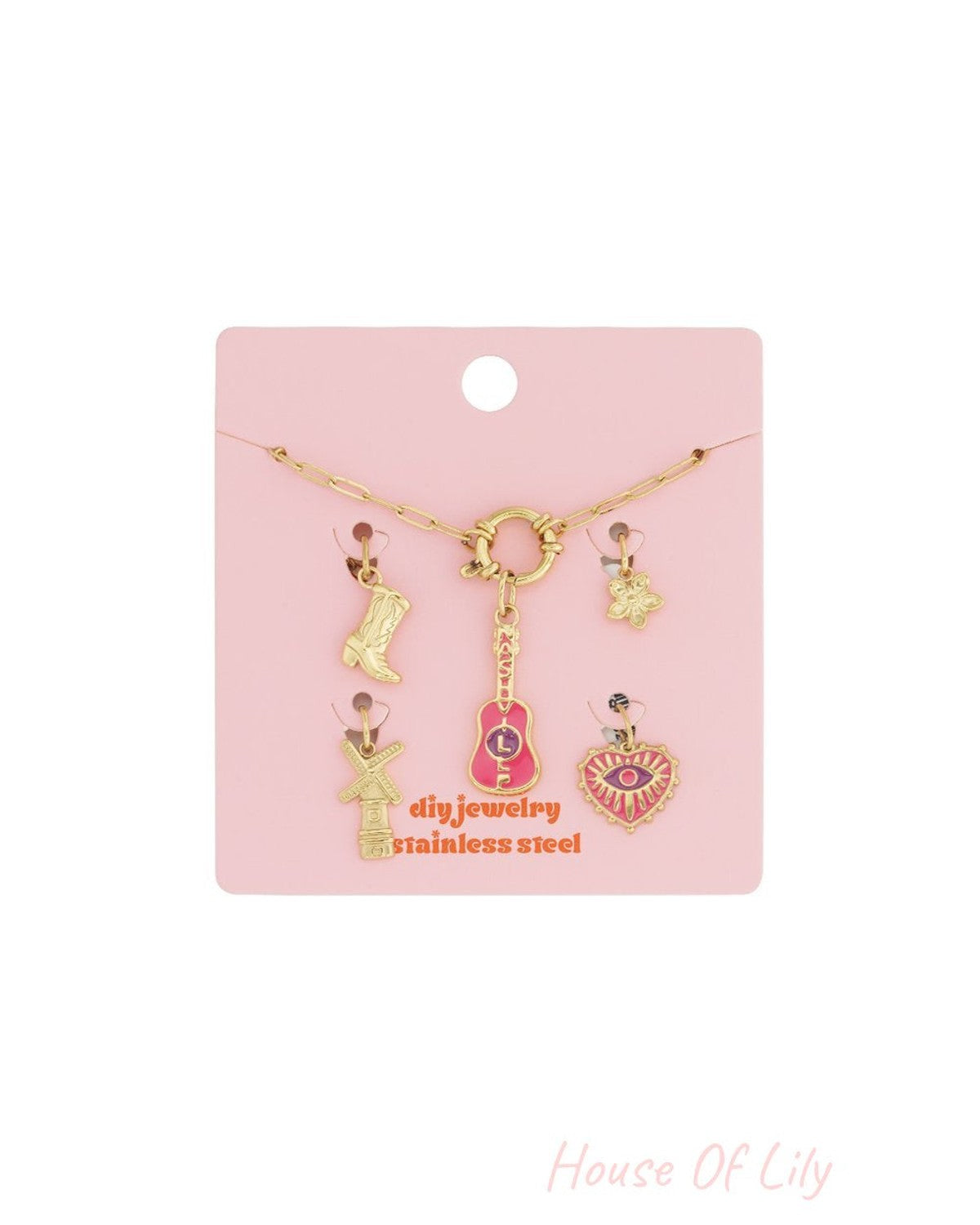 Gilded gold stainless steel chain bracelet featuring colorful enamel charms: guitar, heart, windmill, boot, and flower.