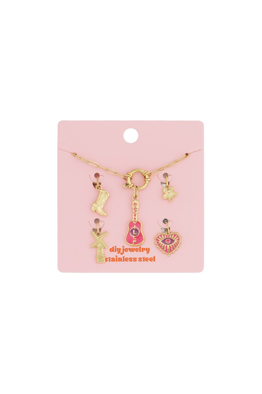 Gilded gold stainless steel chain bracelet featuring colorful enamel charms: guitar, heart, windmill, boot, and flower.