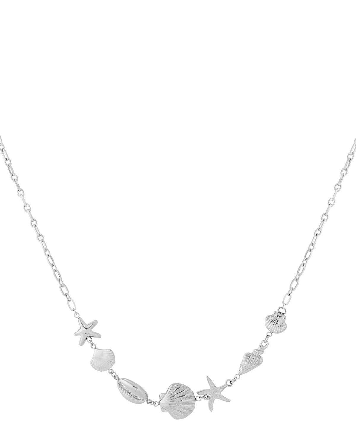 Silver tone seaside charm necklace with starfish and shell pendants on delicate chain displayed on white background