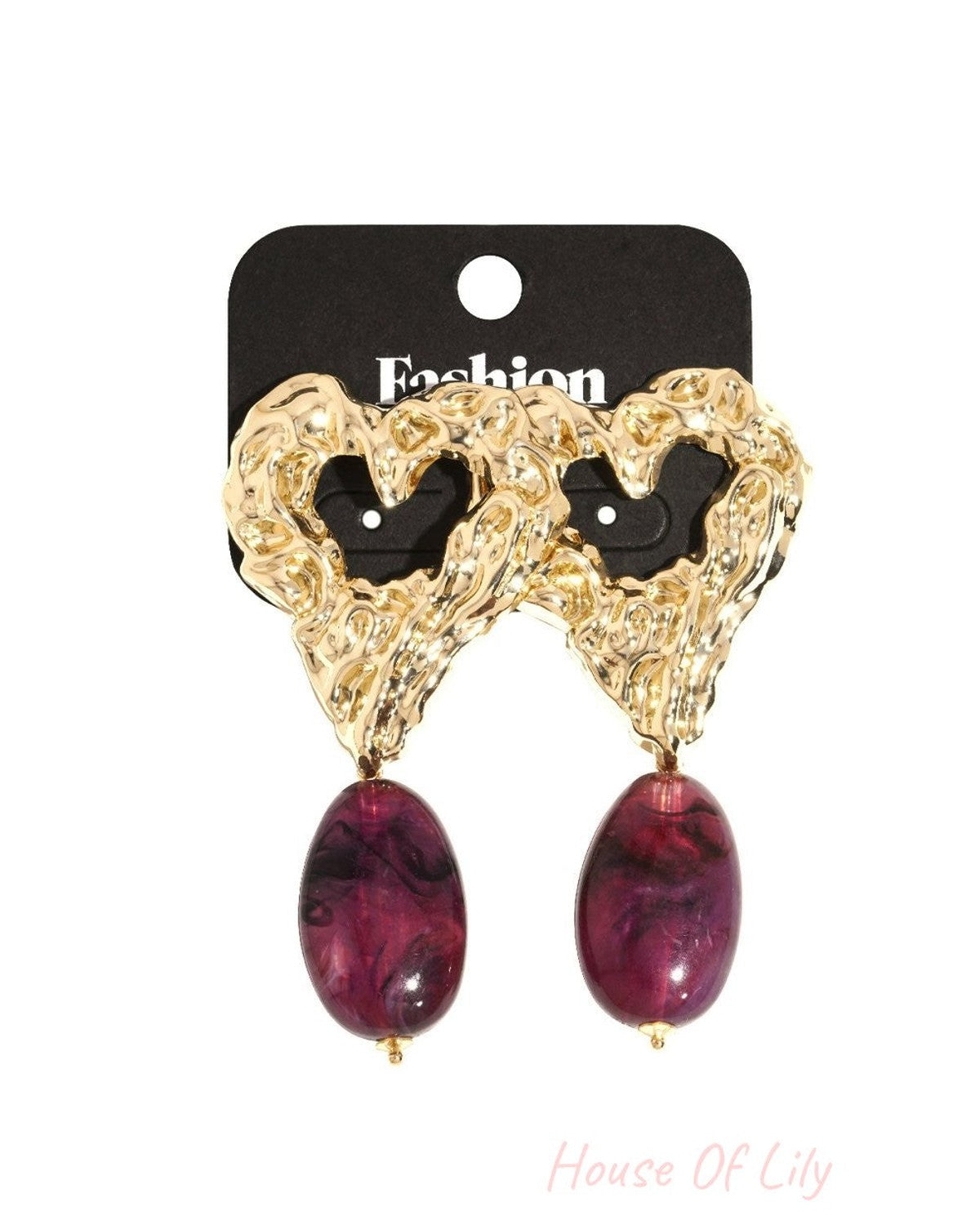 Gold hammered metal heart stud earrings with dangling oval purple marbled resin charms.