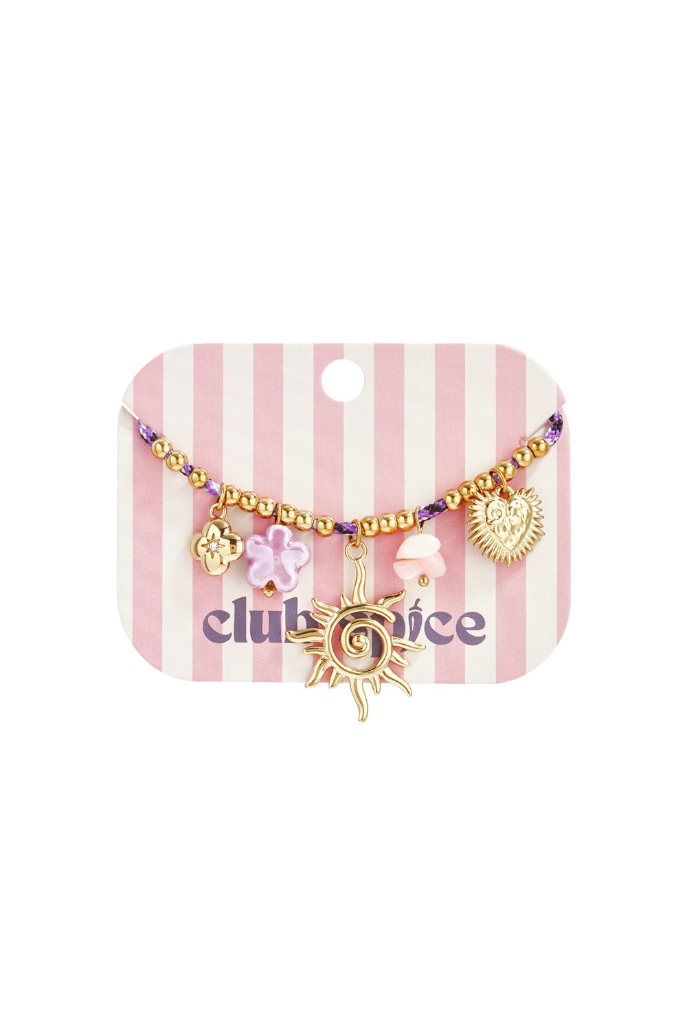 Golden charm bracelet on a pink striped card, featuring a sunburst pendant, flower, and heart charms on a beaded cord.