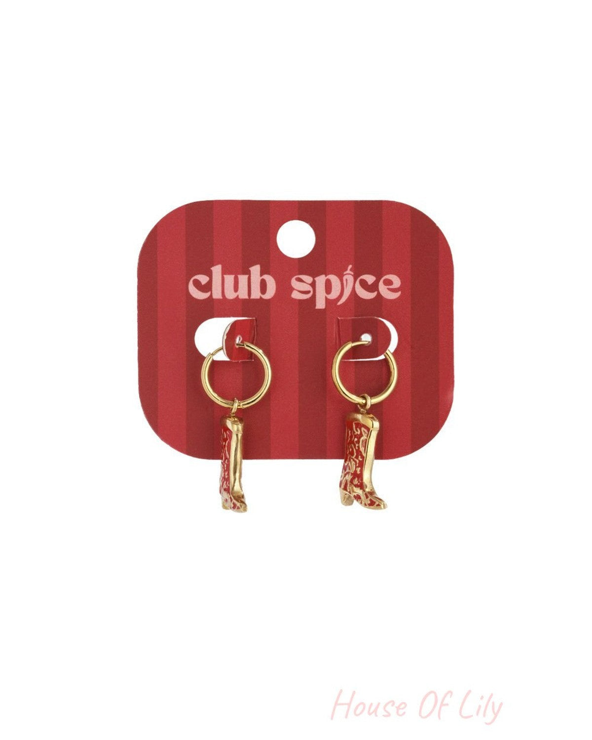 Gold hoop earrings with red-and-white western cowboy boot charms on a Club Spice branded display card.