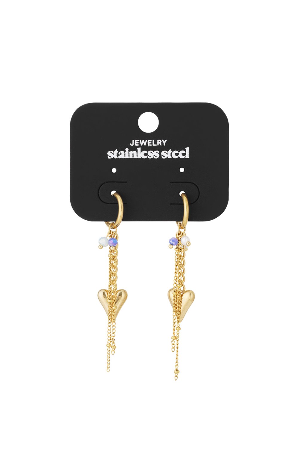 Dreamy Blue Heartz gold stainless steel hoop earrings with dangling heart charms and blue bead accents.