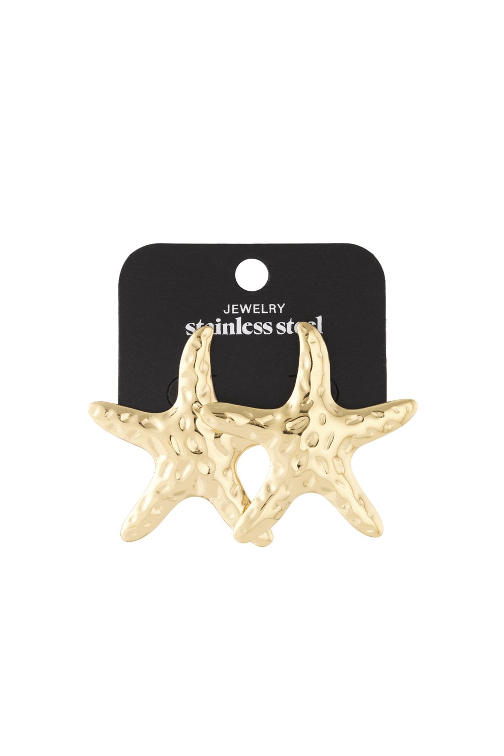Gold-tone stainless steel Starfish Chaos stud earrings with a textured, hammered finish on a black display card.