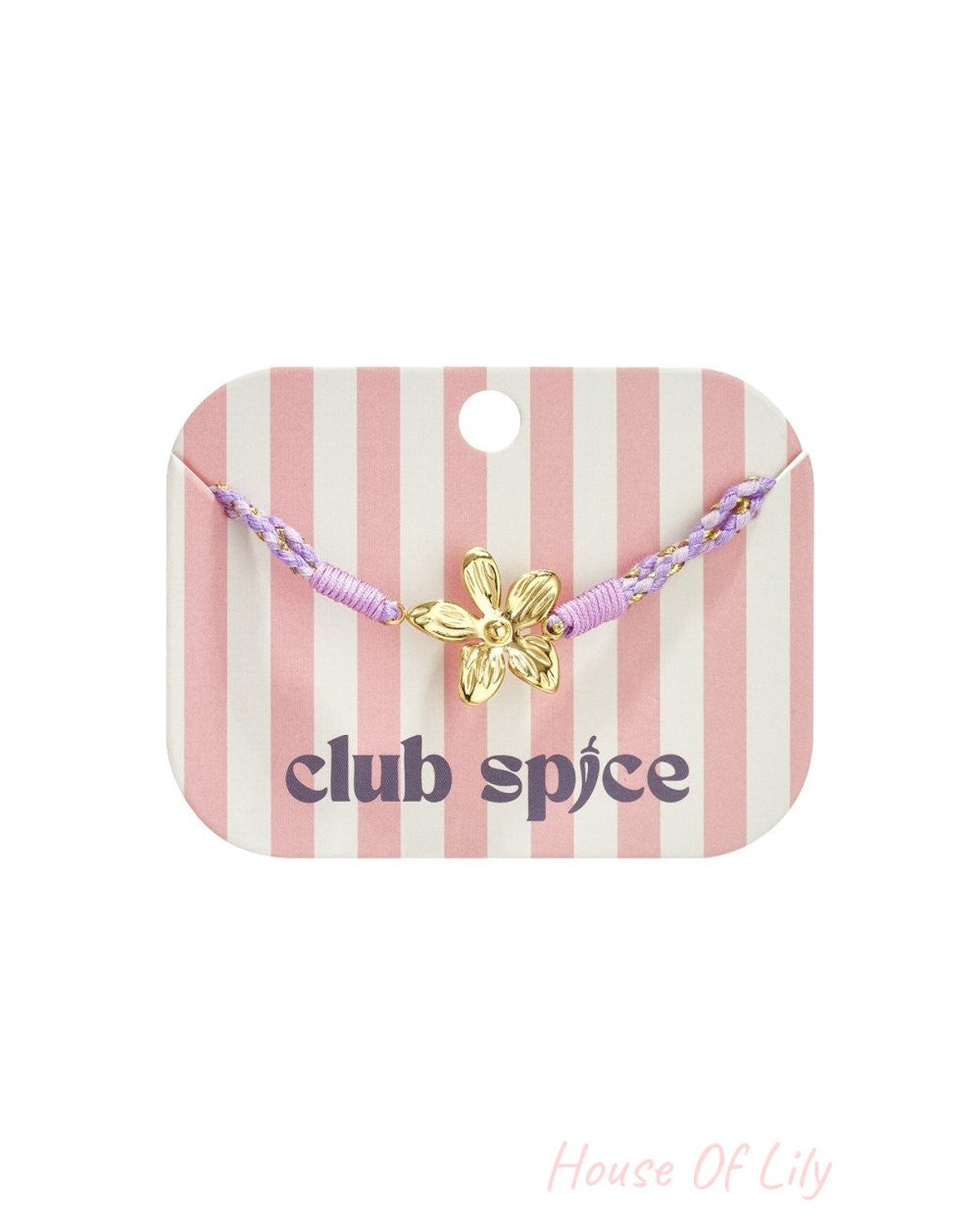 Playful Rope Motif Bracelet featuring a gold-toned flower charm on a braided lilac and gold cord display card.