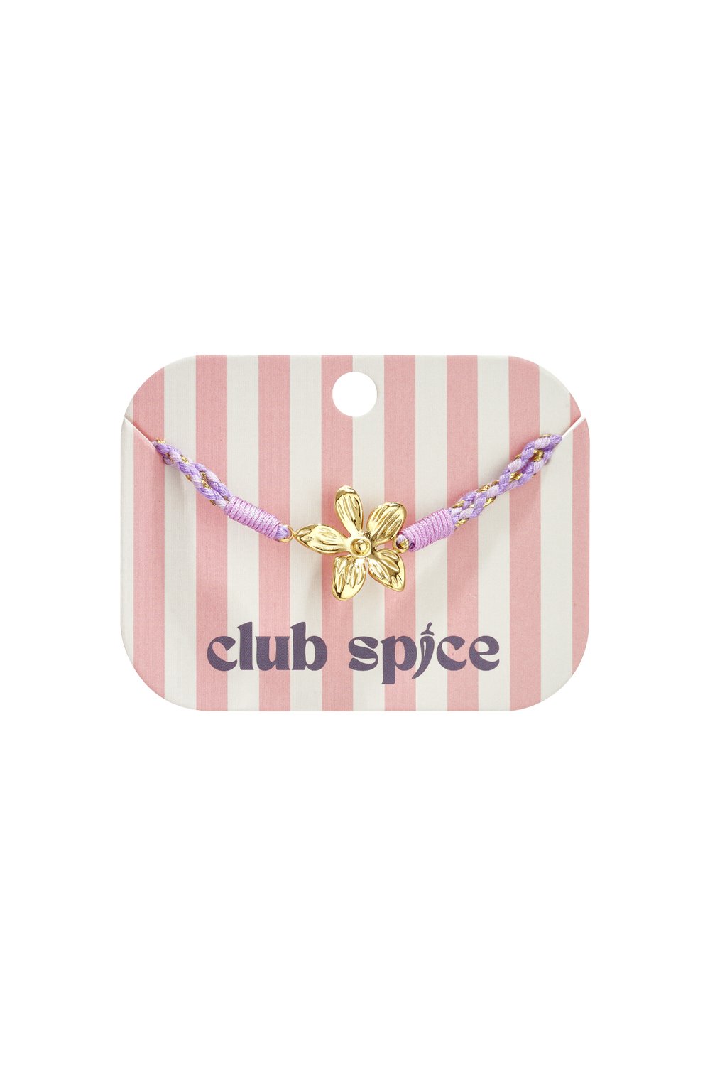 Playful Rope Motif Bracelet featuring a gold-toned flower charm on a braided lilac and gold cord display card.