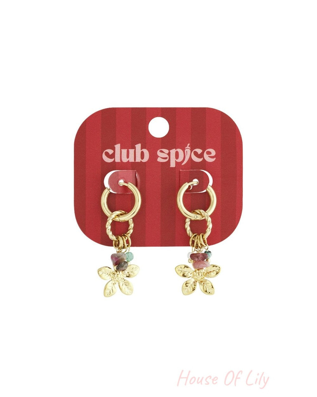 Golden Daisy Drip hoop earrings with textured gold metal flowers and colorful raw stone accents on a red display card.