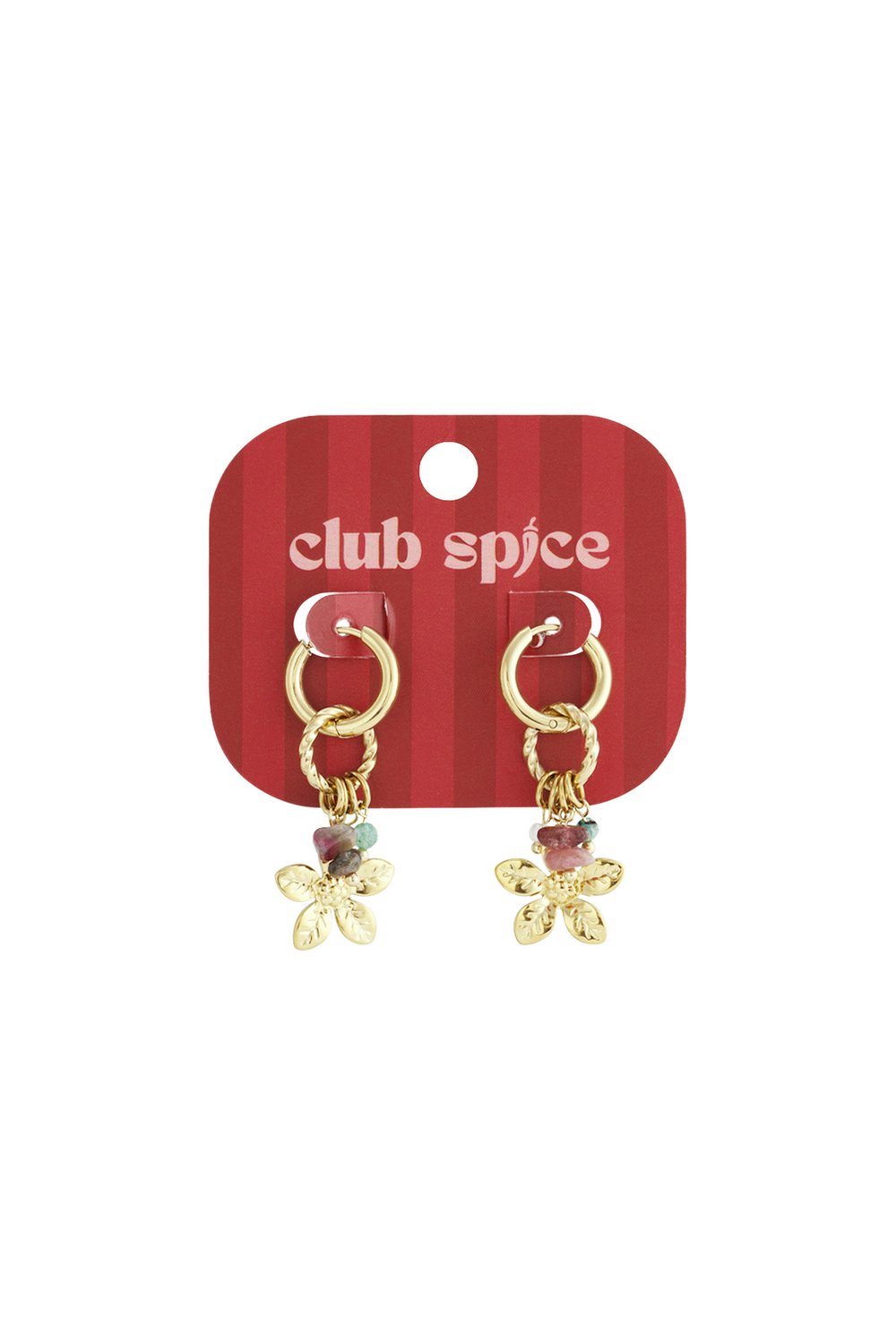 Golden Daisy Drip hoop earrings with textured gold metal flowers and colorful raw stone accents on a red display card.