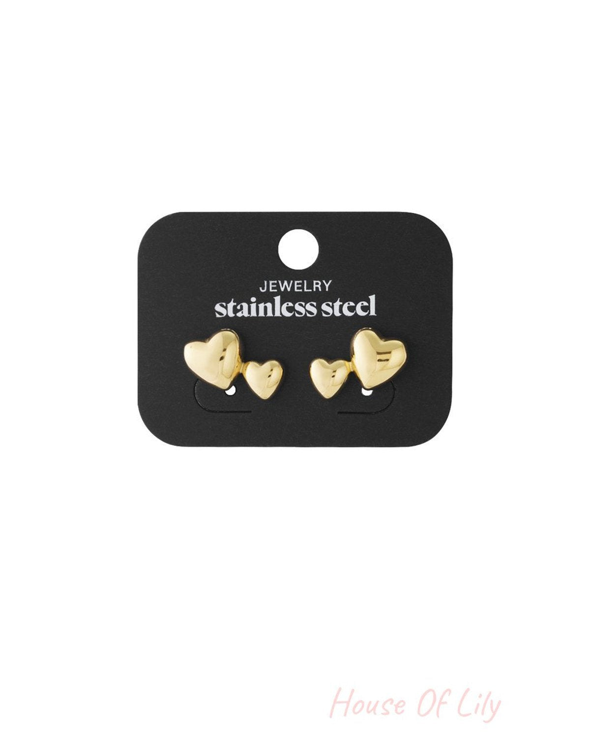 Double Trouble Hearts gold-tone stainless steel stud earrings, each featuring two small, polished puffed hearts.