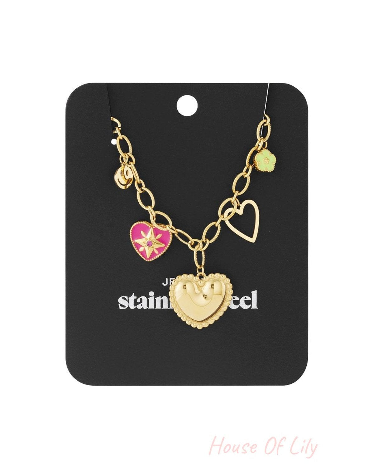 Gold-tone chain bracelet with charms: large textured heart, pink enamel star-heart, open heart, smiley face, and flower.