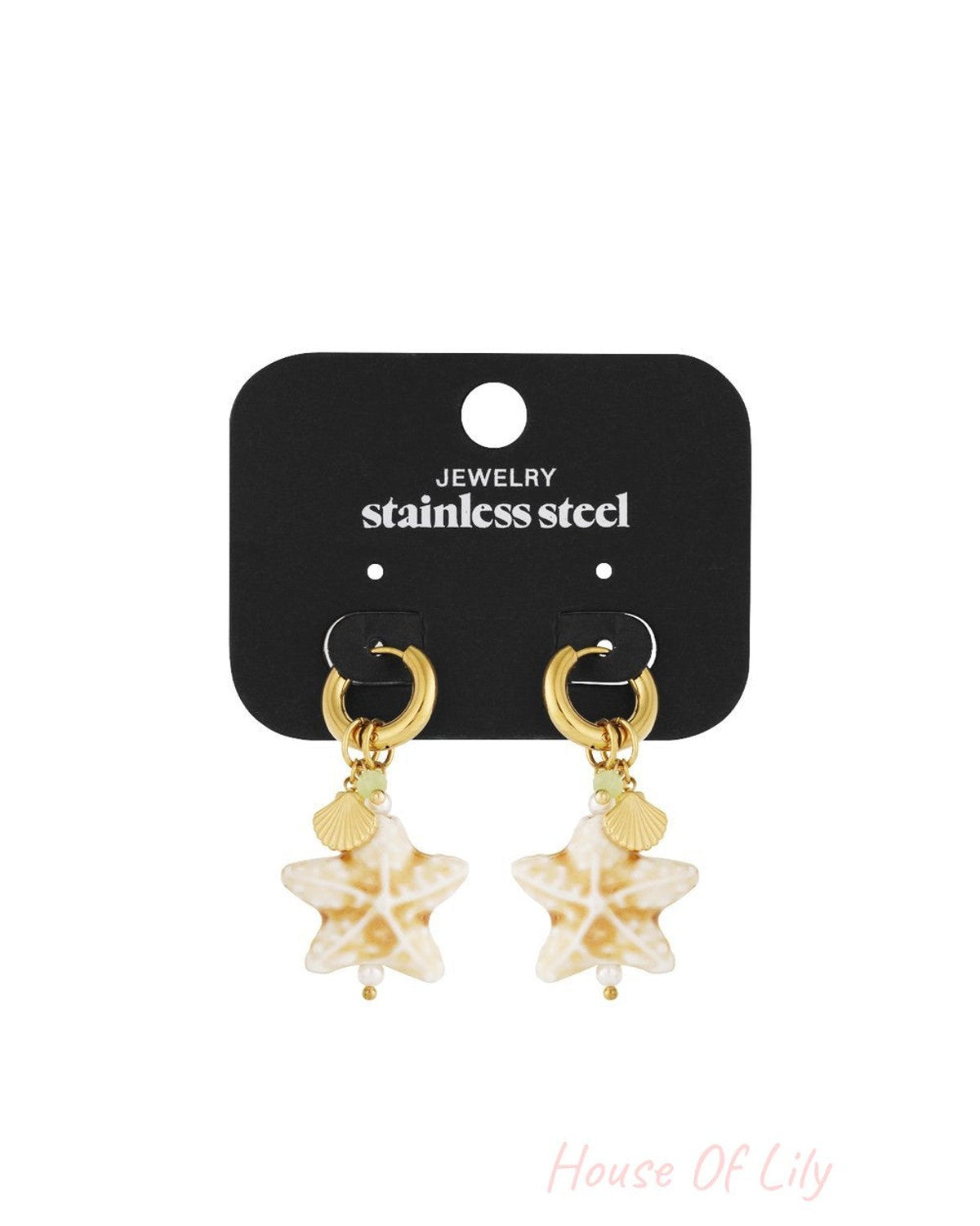 Gold stainless steel hoop earrings with white starfish, small shell charms, and dainty beads on a display card.