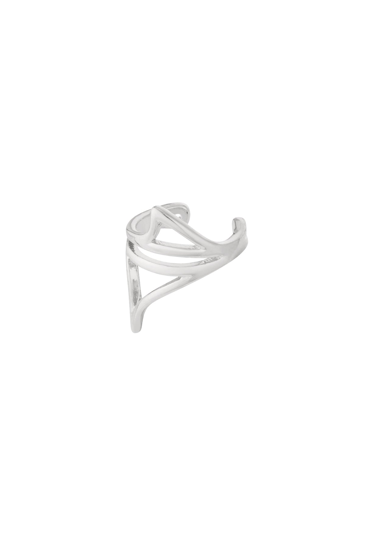 Silver-tone geometric ear cuff with open triangular design against white background