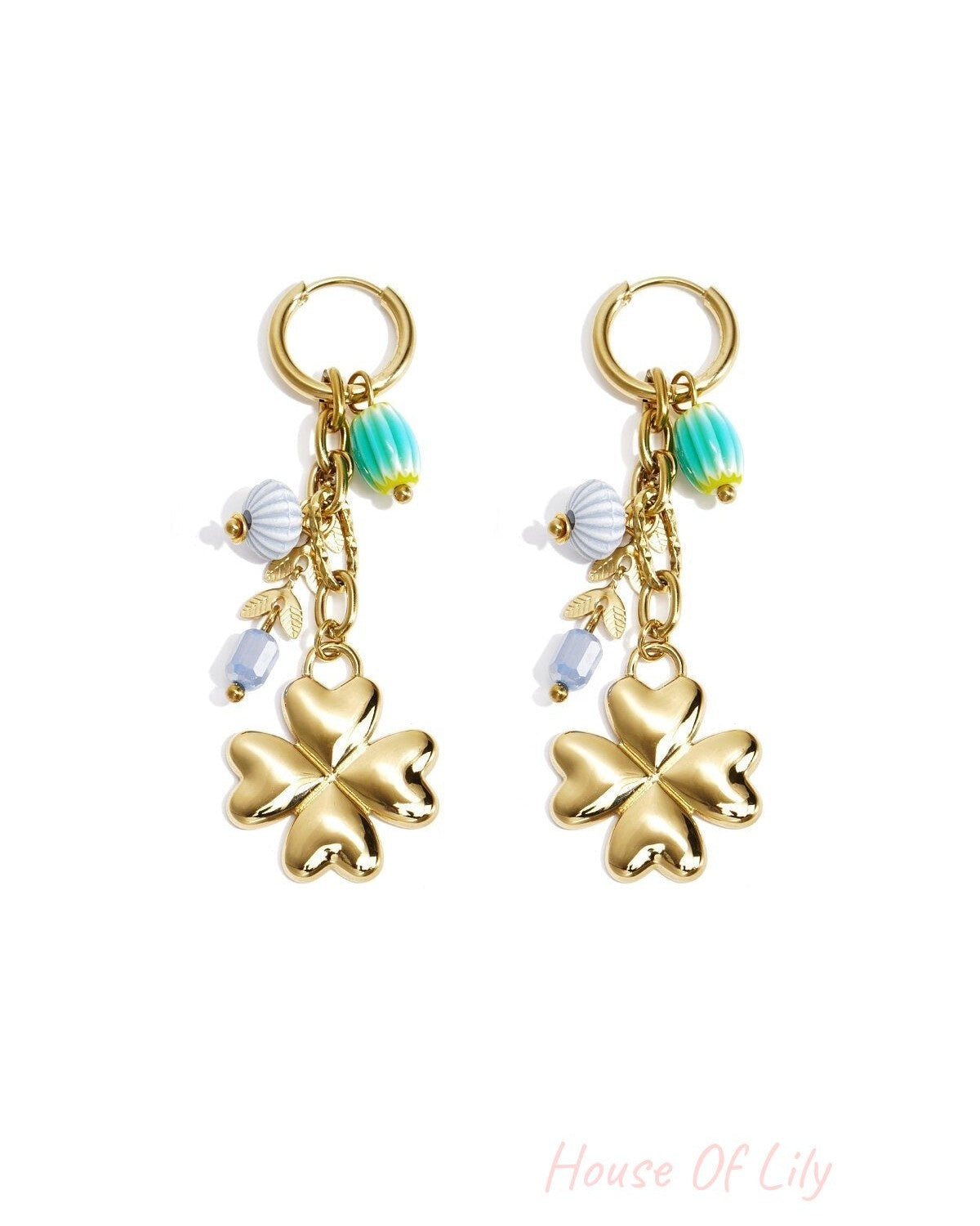 Small hoop earrings with hanging clover, beads and leaves