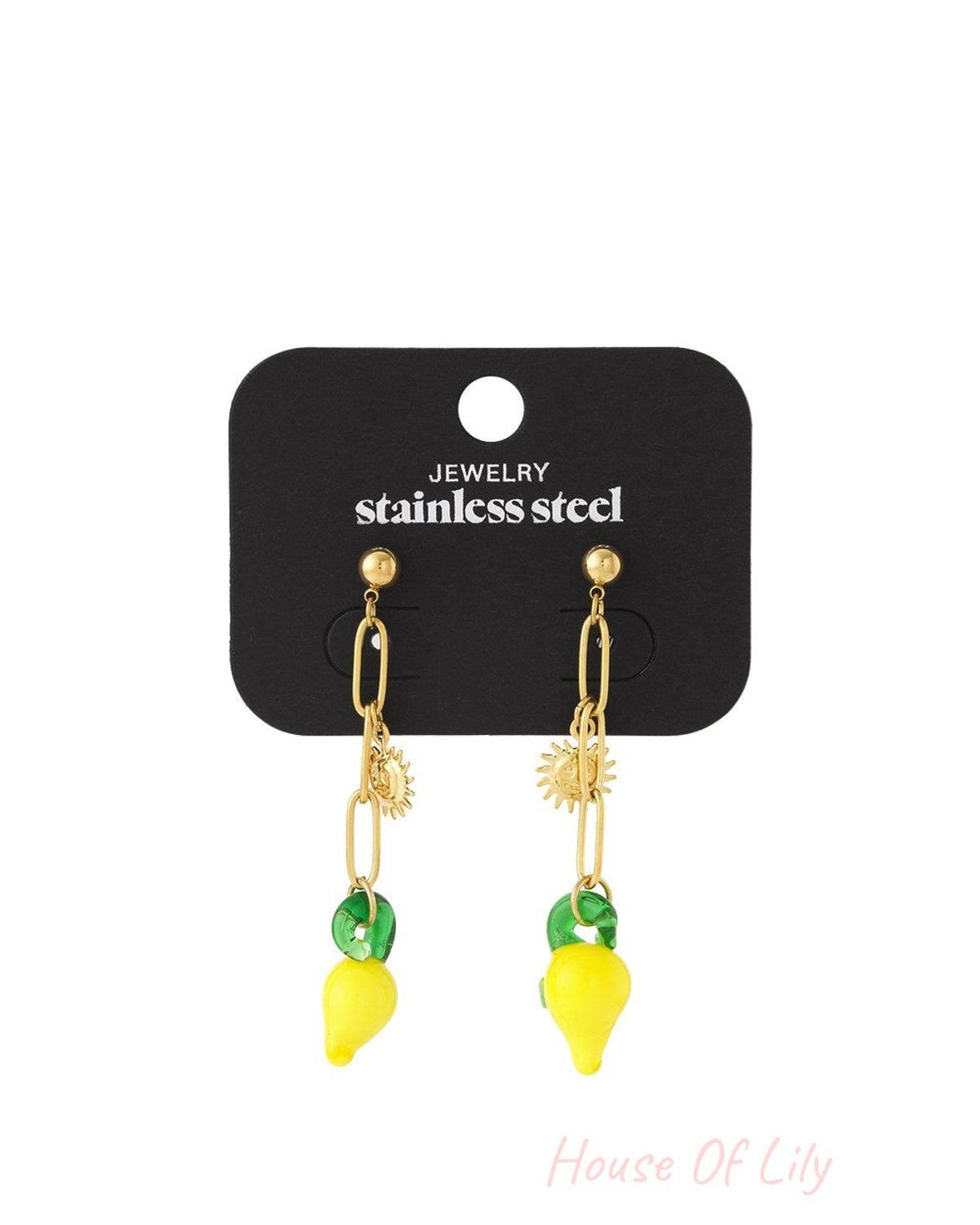 Sun Lemon Drops gold-tone stainless steel drop earrings featuring sun charms and dangling yellow lemon and green leaf beads.