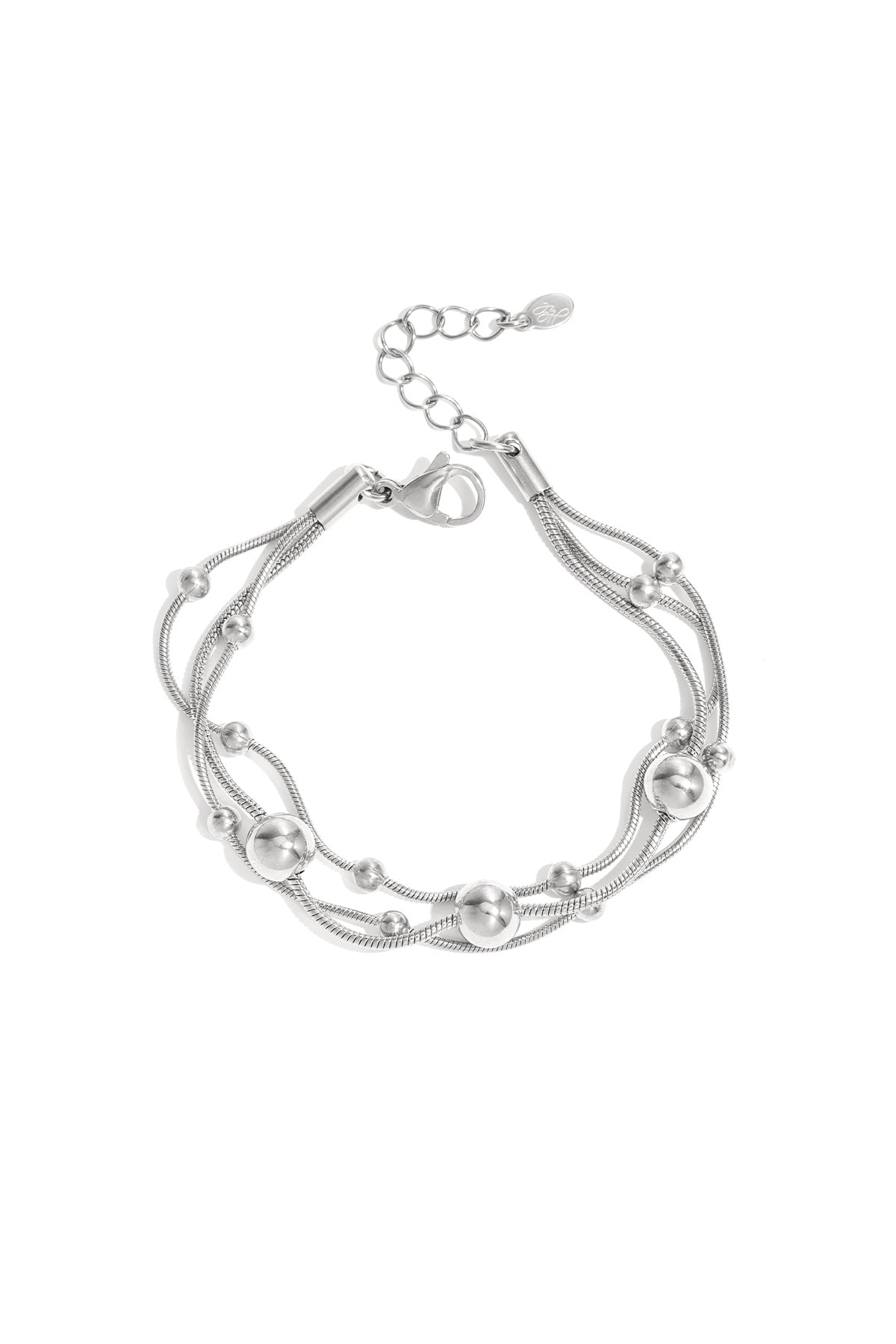 Silver multi-strand chain bracelet with polished round beads and adjustable lobster clasp on white background