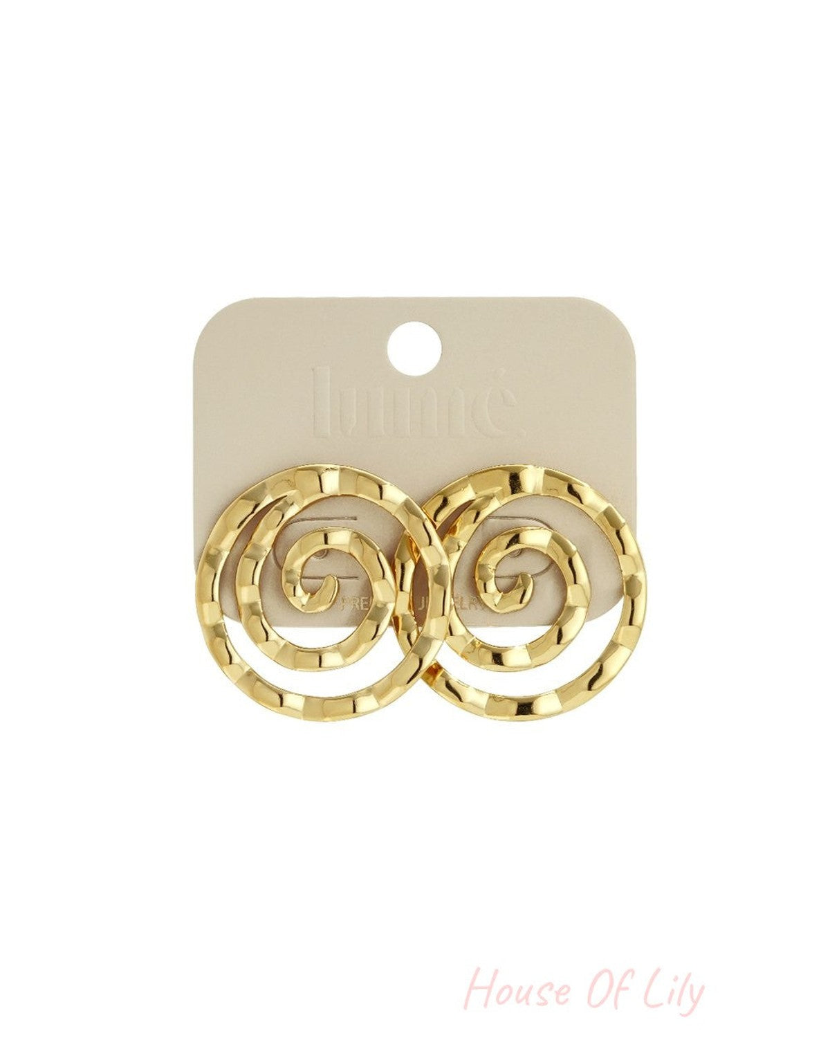 Spiraled Chaos Studs: Gold-toned, textured circular spiral stud earrings on a display card.