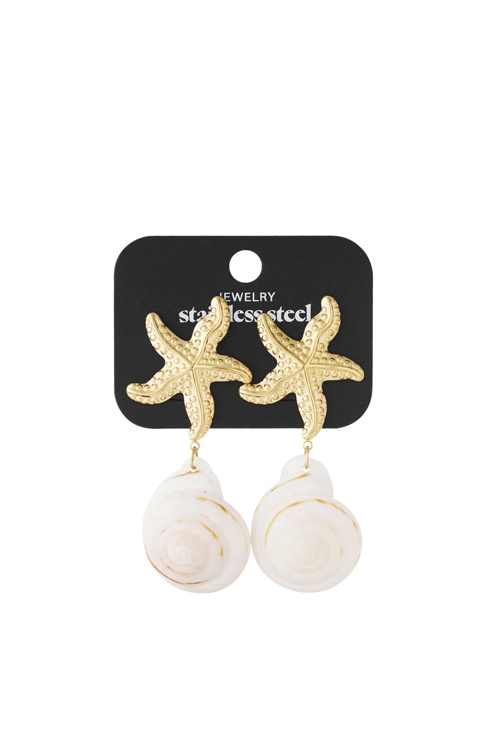 Gold starfish studs with dangling white spiral seashells on a black display card. Coastal style jewelry.