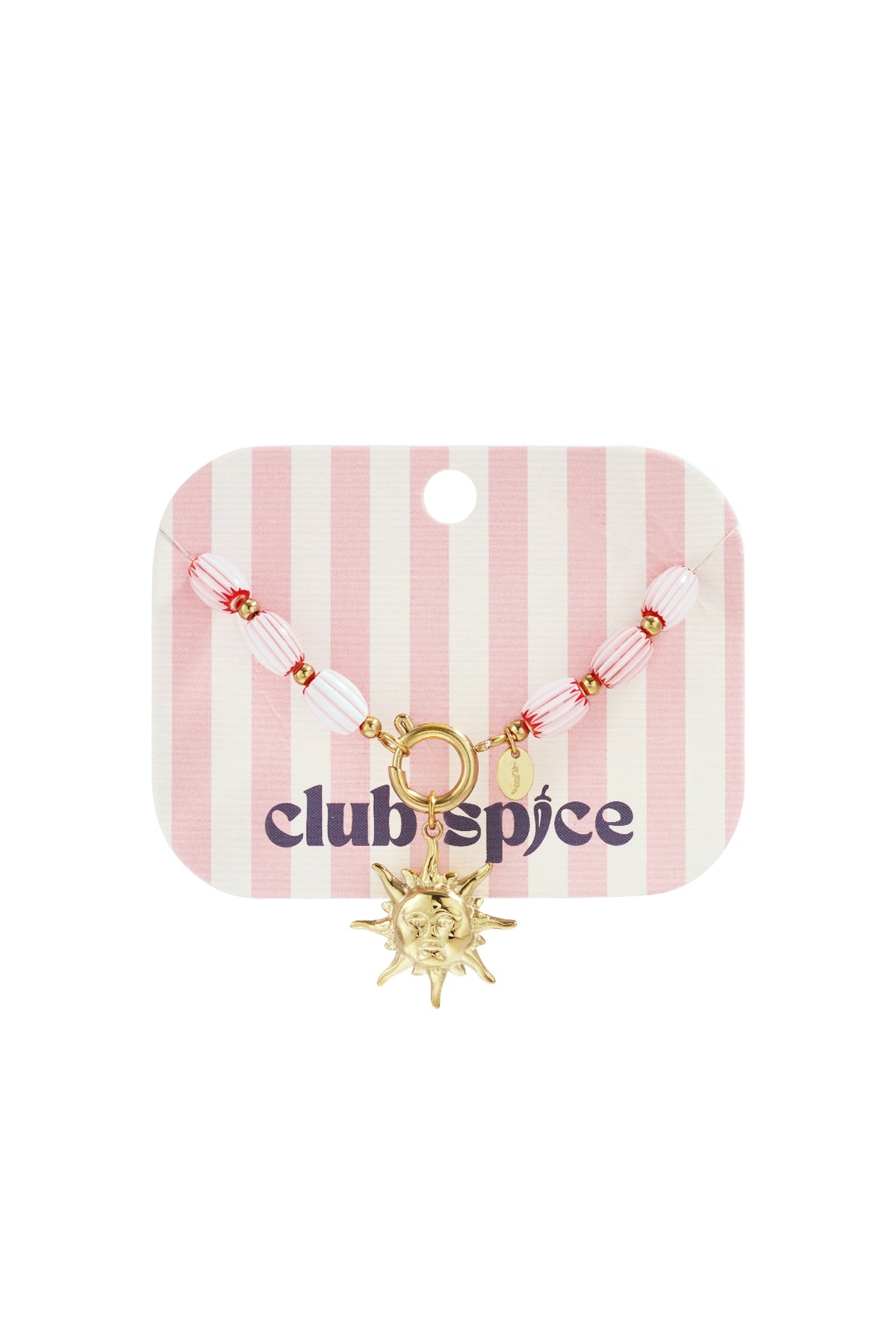 Pink and white striped beaded bracelet with gold-tone sun charm on striped pink and white card with Club Spice logo